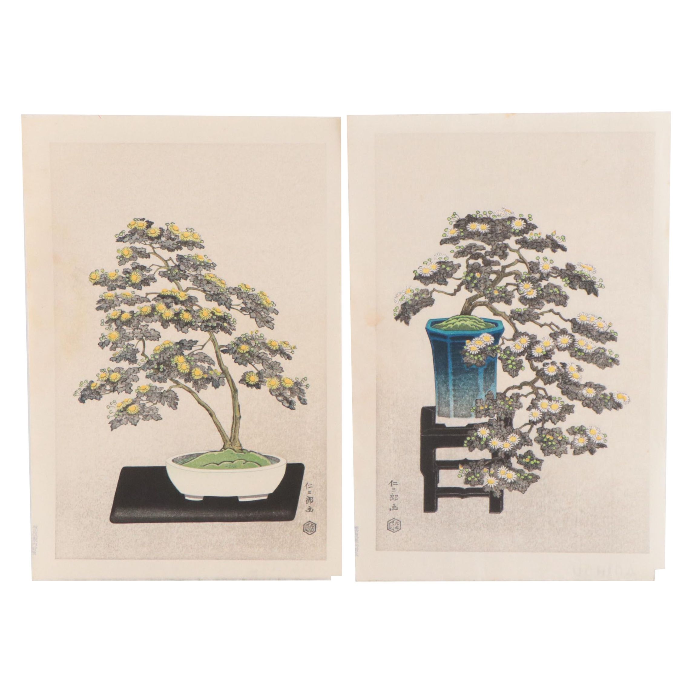 Itō Nisaburō Shin-Hanga Woodblocks "Bonsai Chrysanthemum," Circa 1960