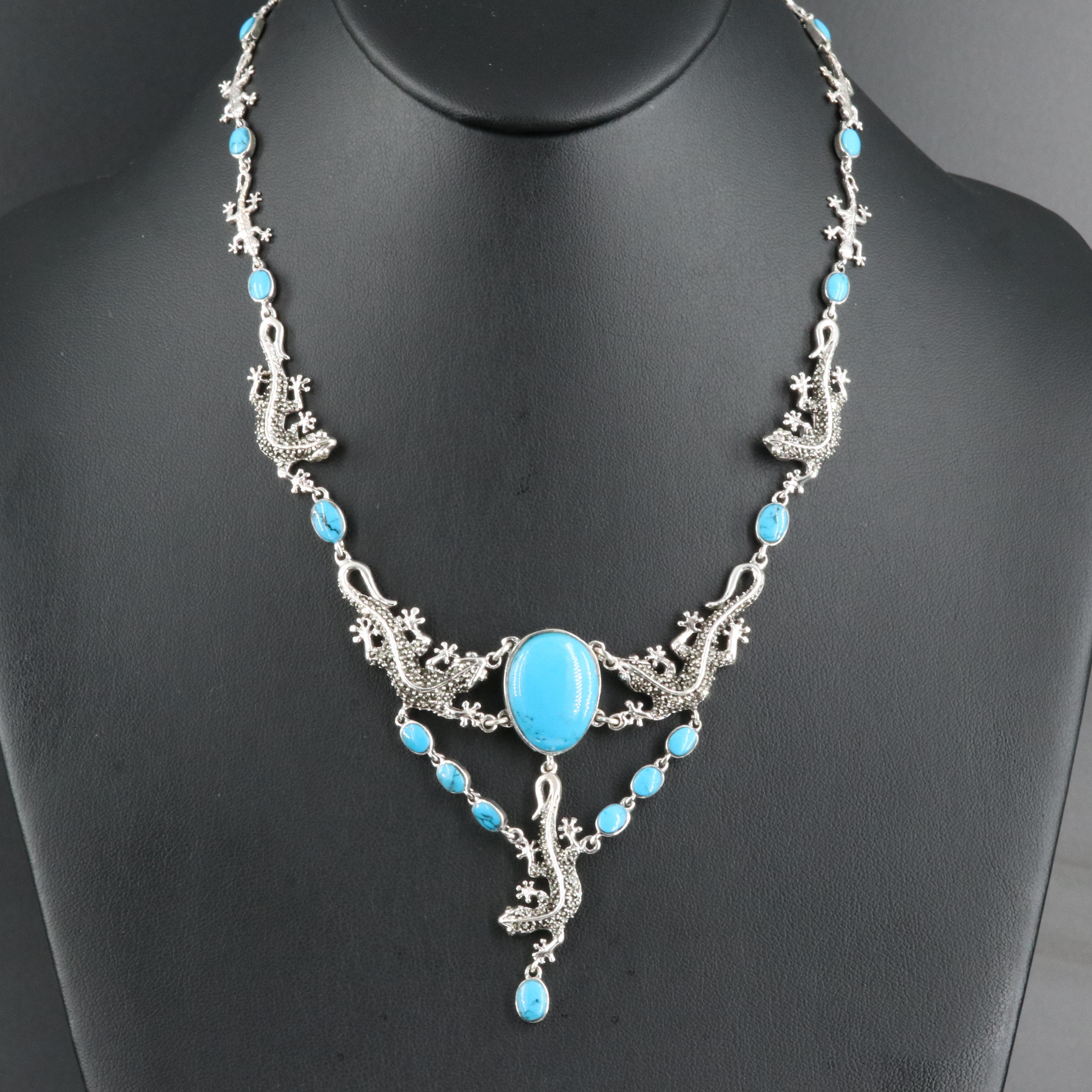 Sterling Faux Turquoise and Marcasite Lizard Necklace