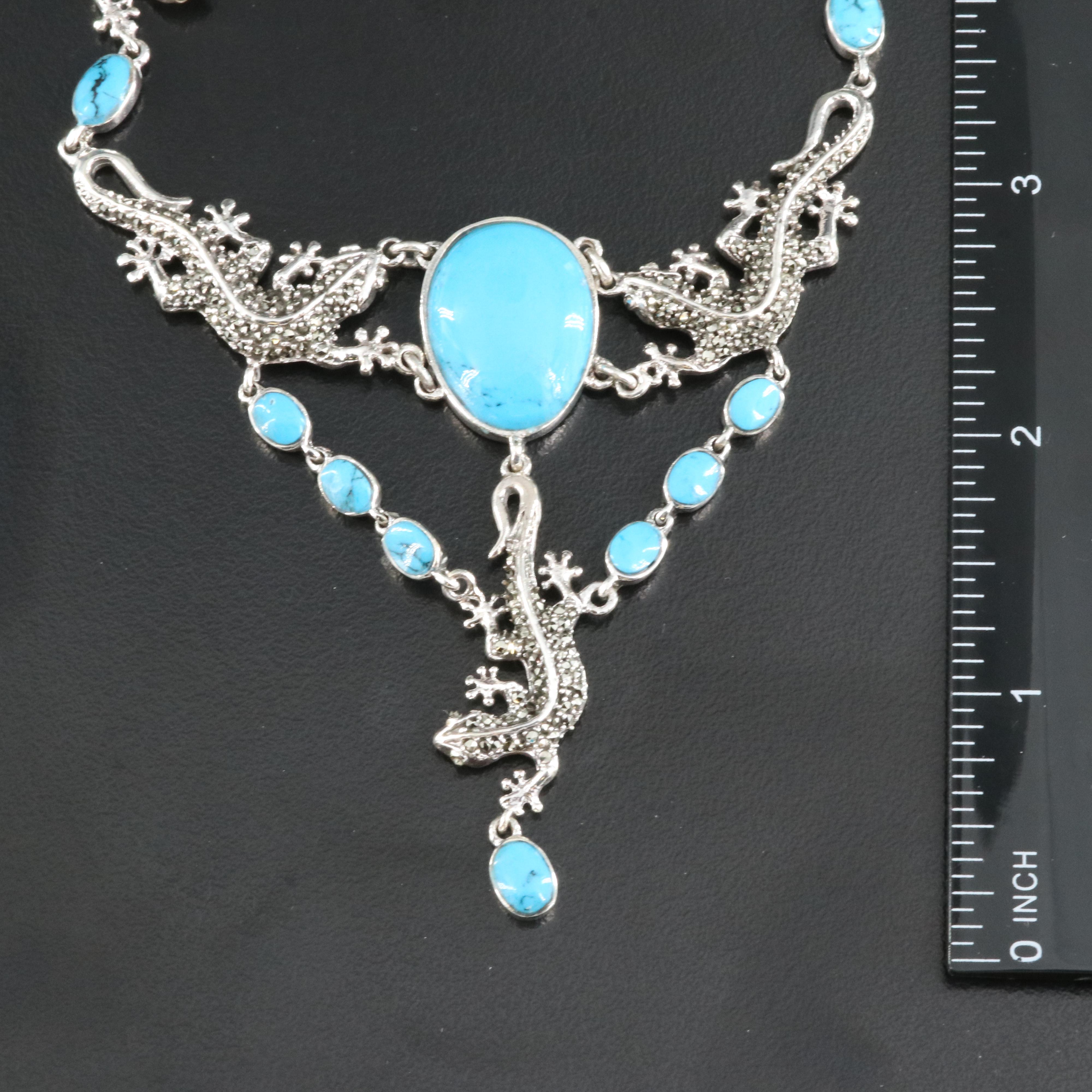 Sterling Faux Turquoise and Marcasite Lizard Necklace