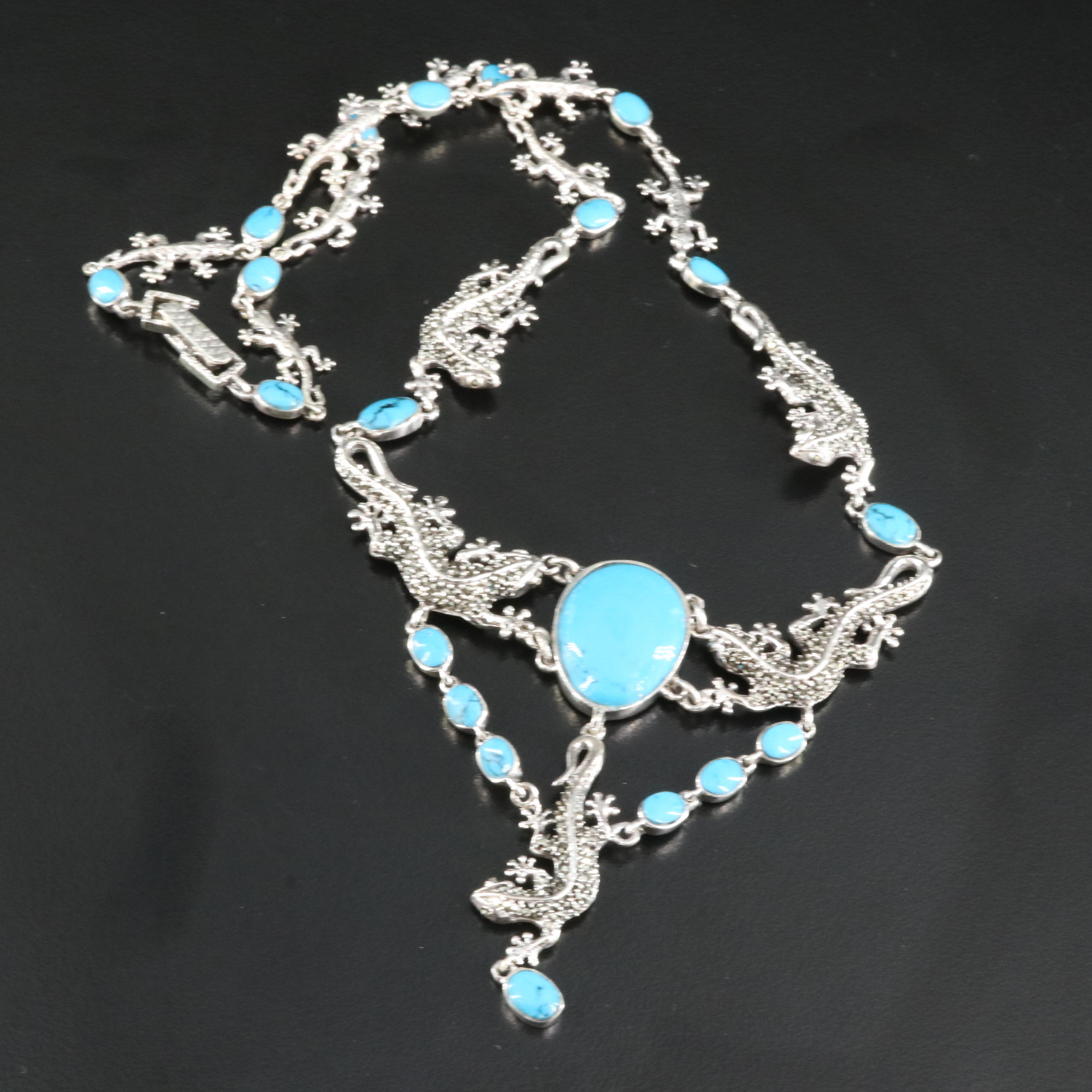 Sterling Faux Turquoise and Marcasite Lizard Necklace