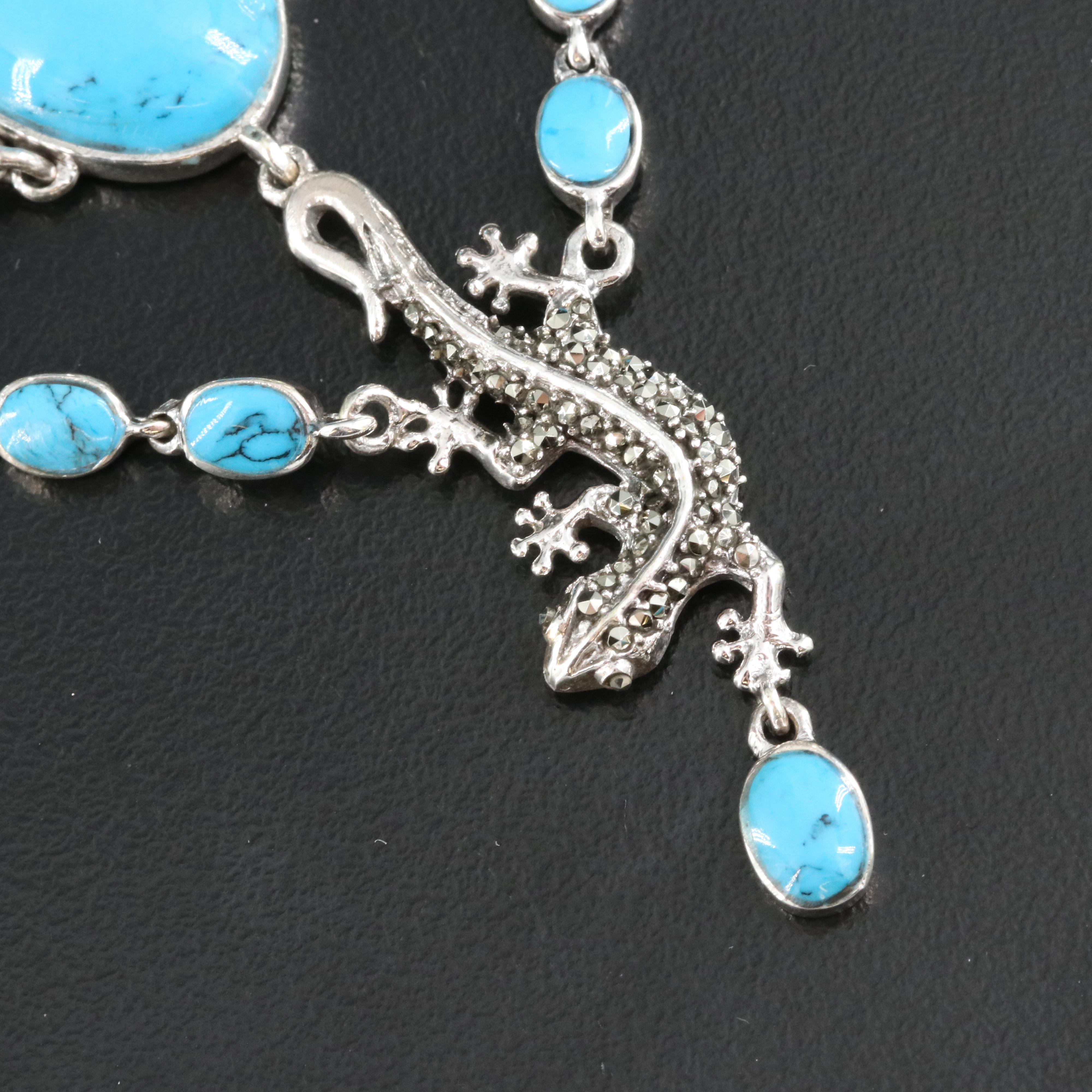 Sterling Faux Turquoise and Marcasite Lizard Necklace
