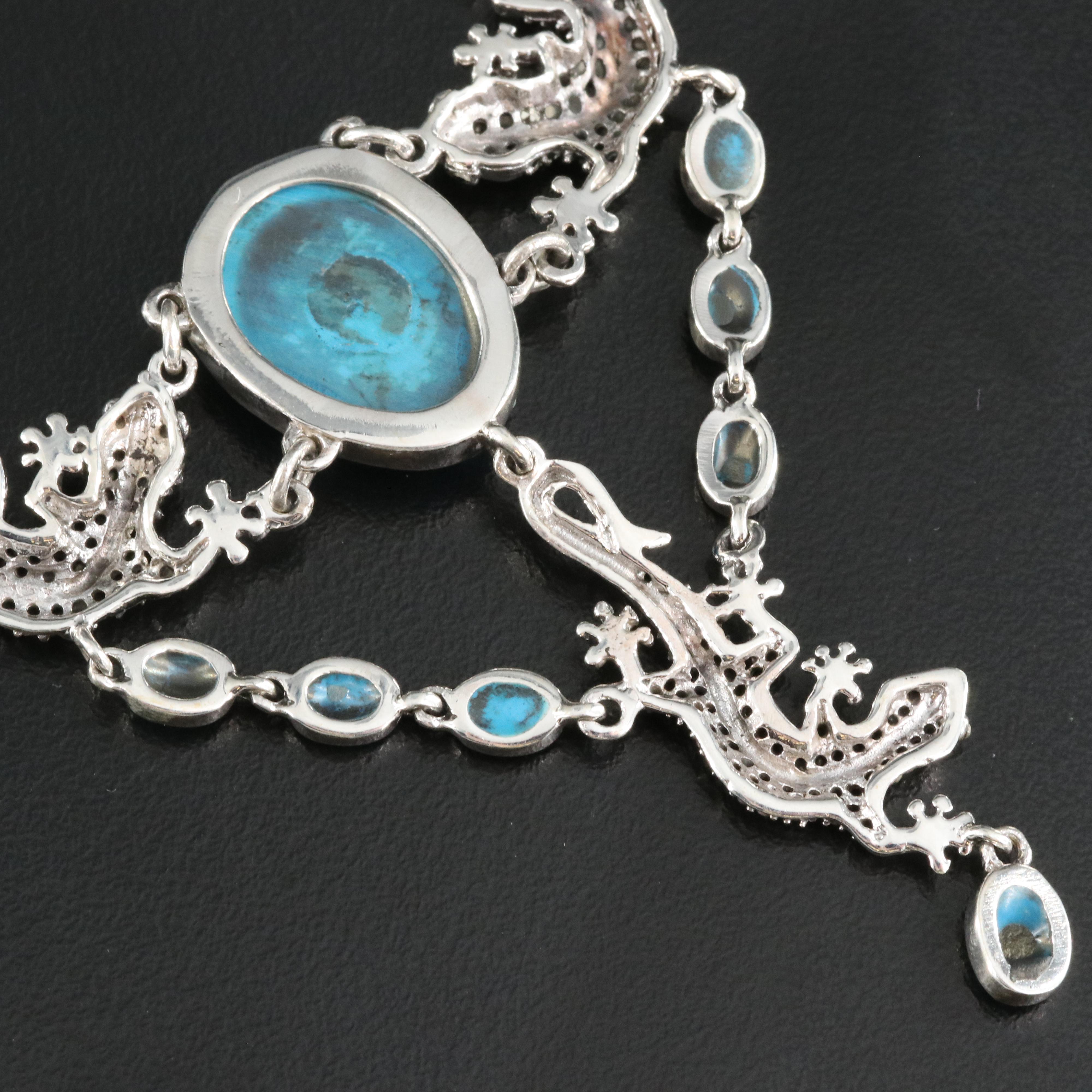 Sterling Faux Turquoise and Marcasite Lizard Necklace