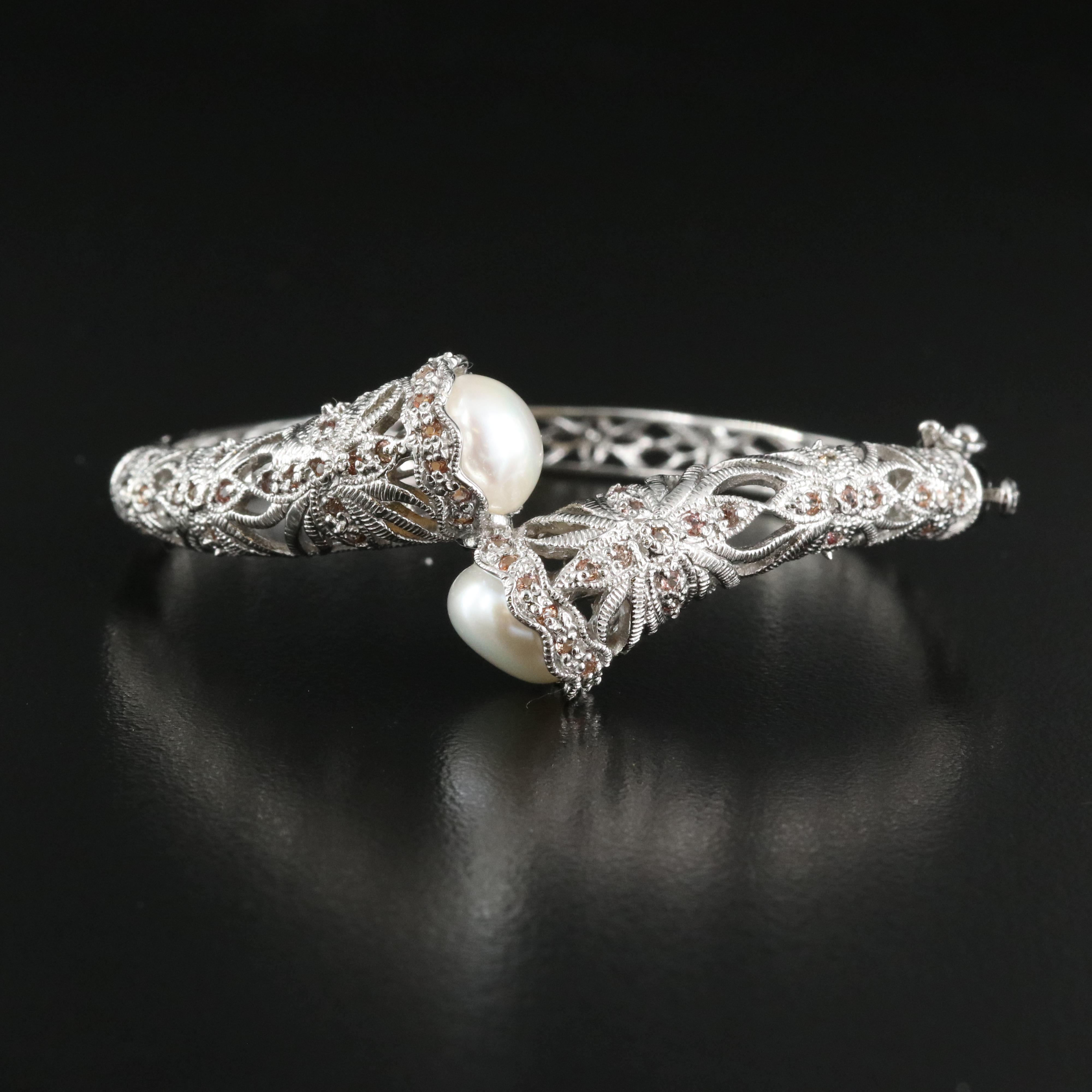 Sterling Pearl and Sapphire Bypass Style Bracelet