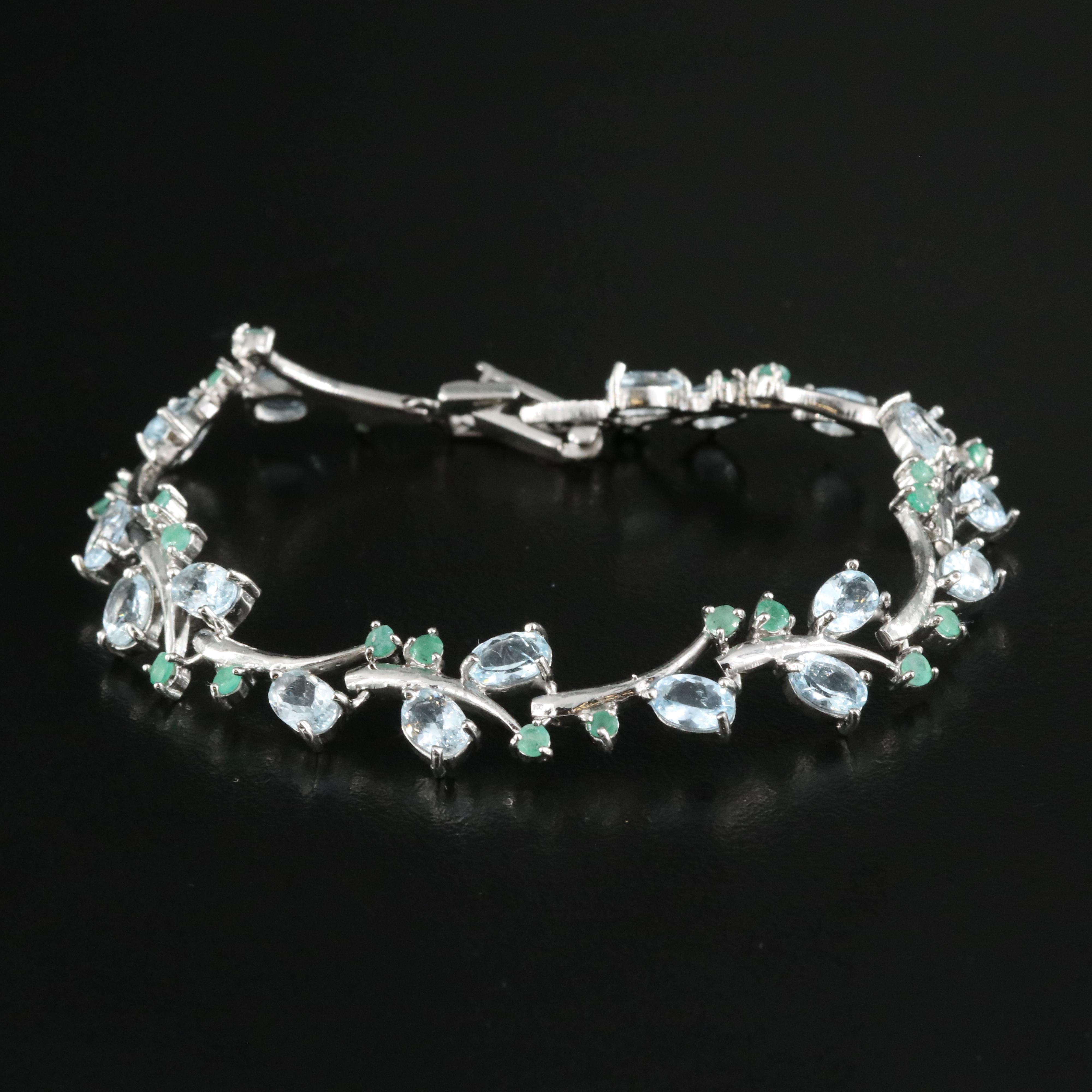 Sterling Aquamarine and Emerald Foliate Bracelet