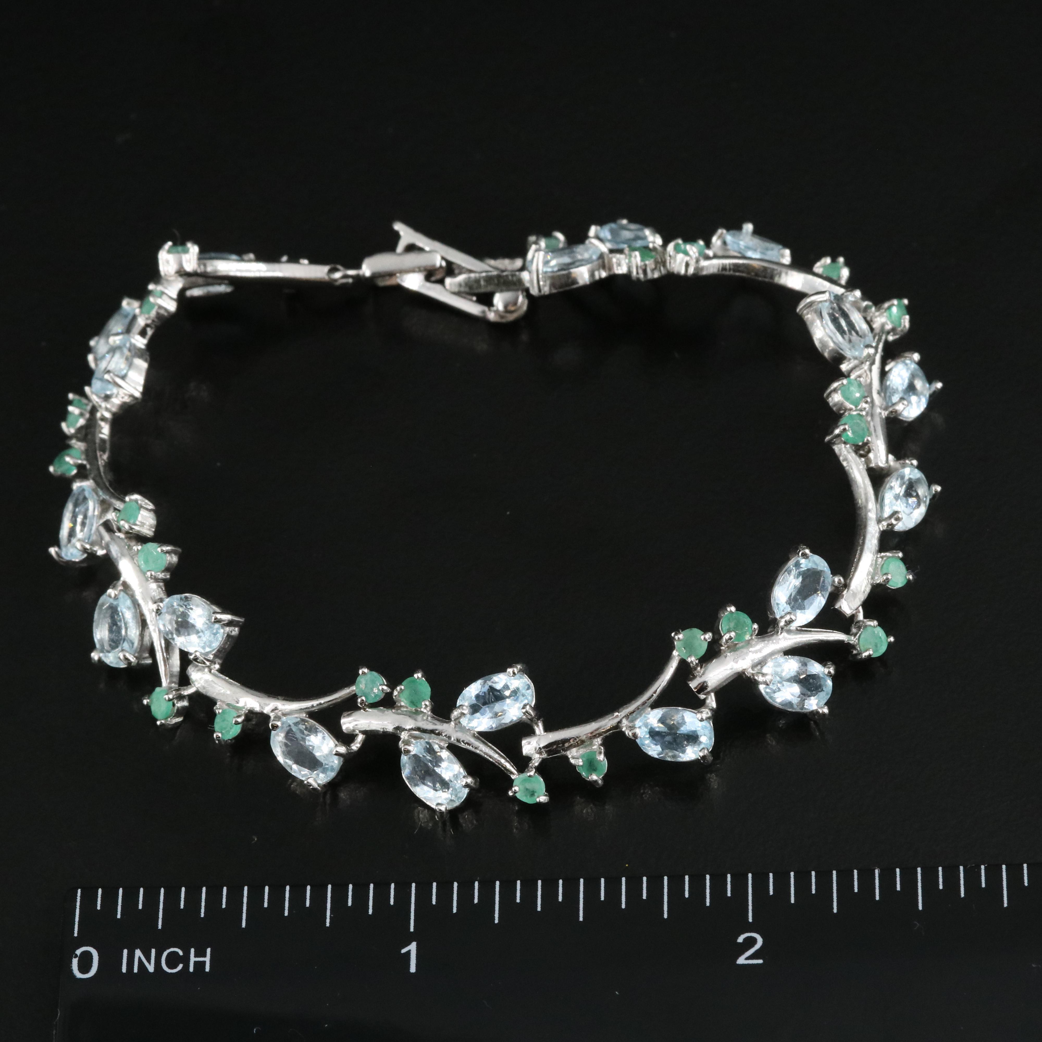 Sterling Aquamarine and Emerald Foliate Bracelet