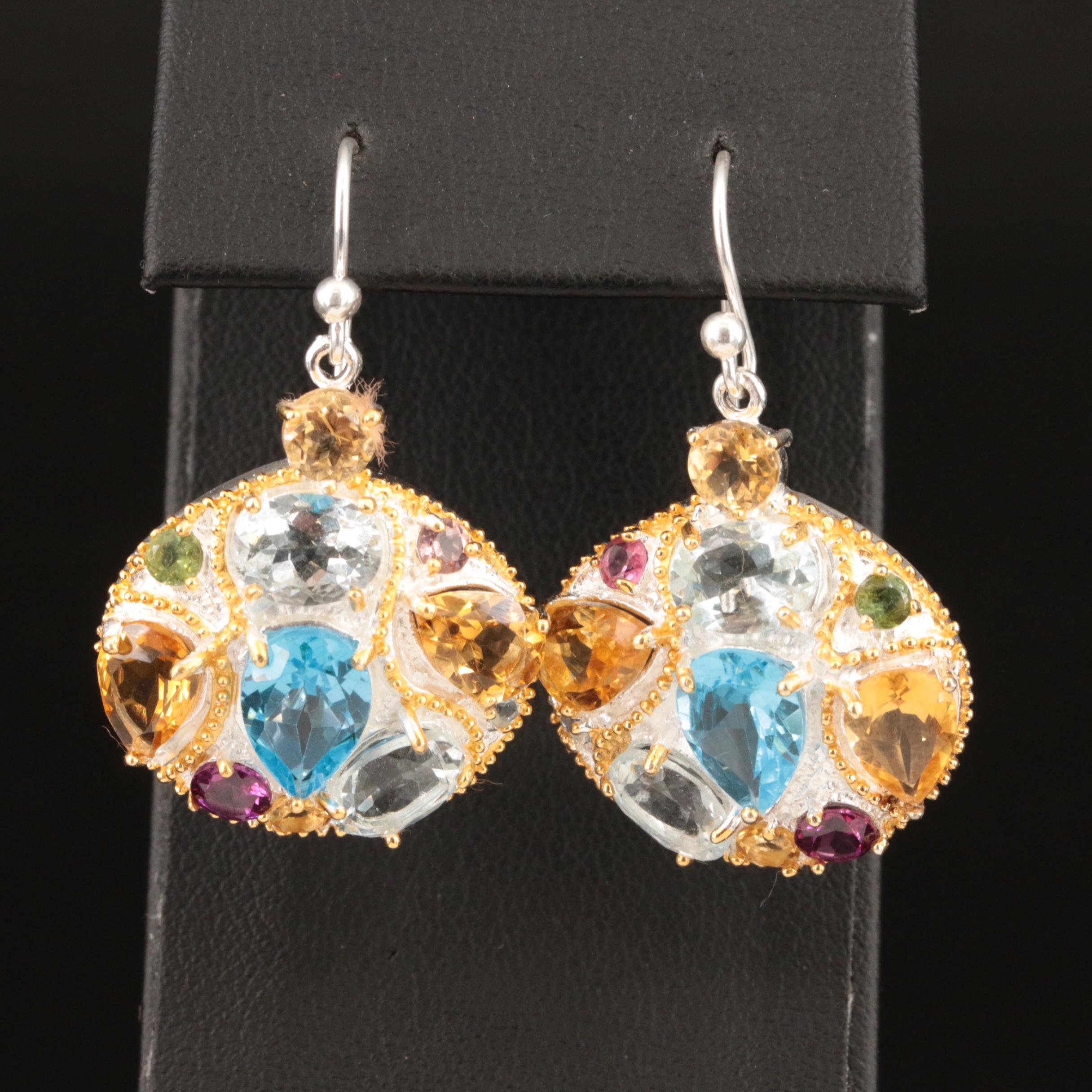 Sterling Topaz, Citrine and Rhodolite Garnet Cluster Earrings
