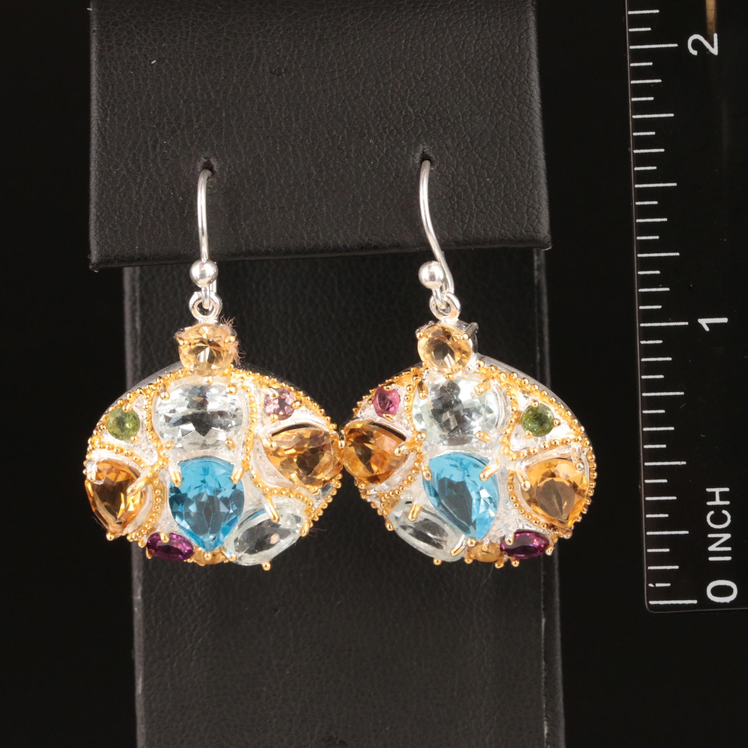 Sterling Topaz, Citrine and Rhodolite Garnet Cluster Earrings