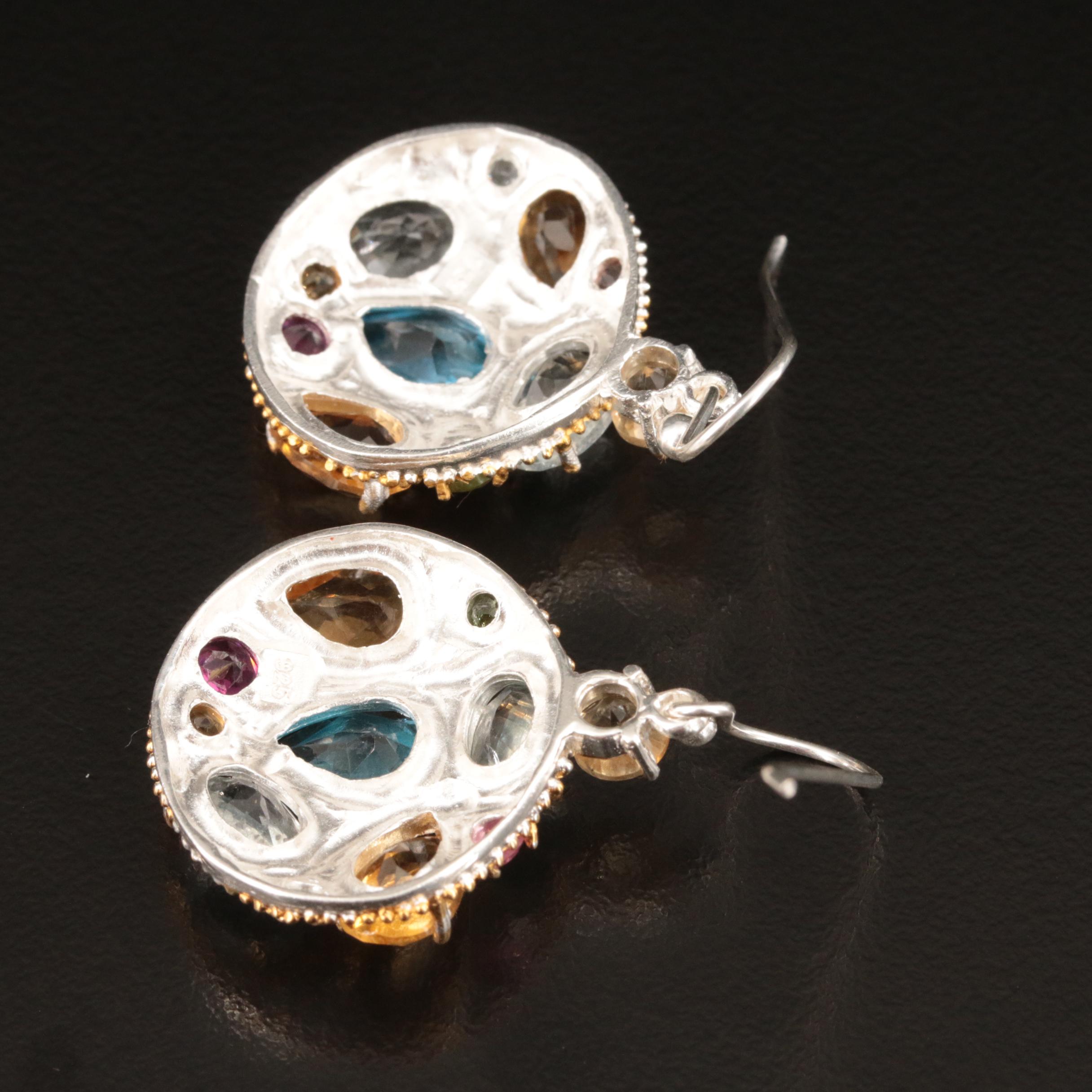 Sterling Topaz, Citrine and Rhodolite Garnet Cluster Earrings