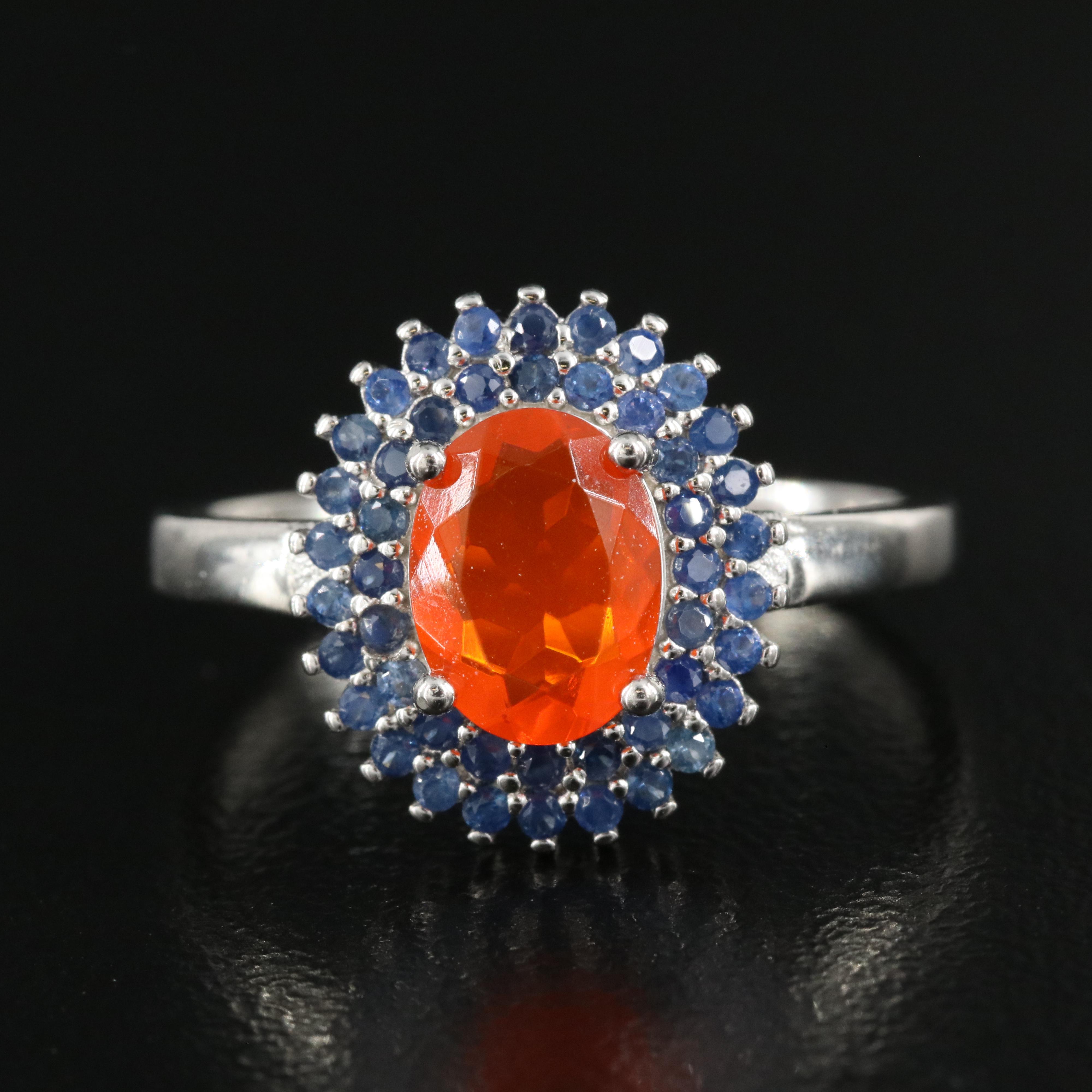 Sterling Fire Opal and Sapphire Ring