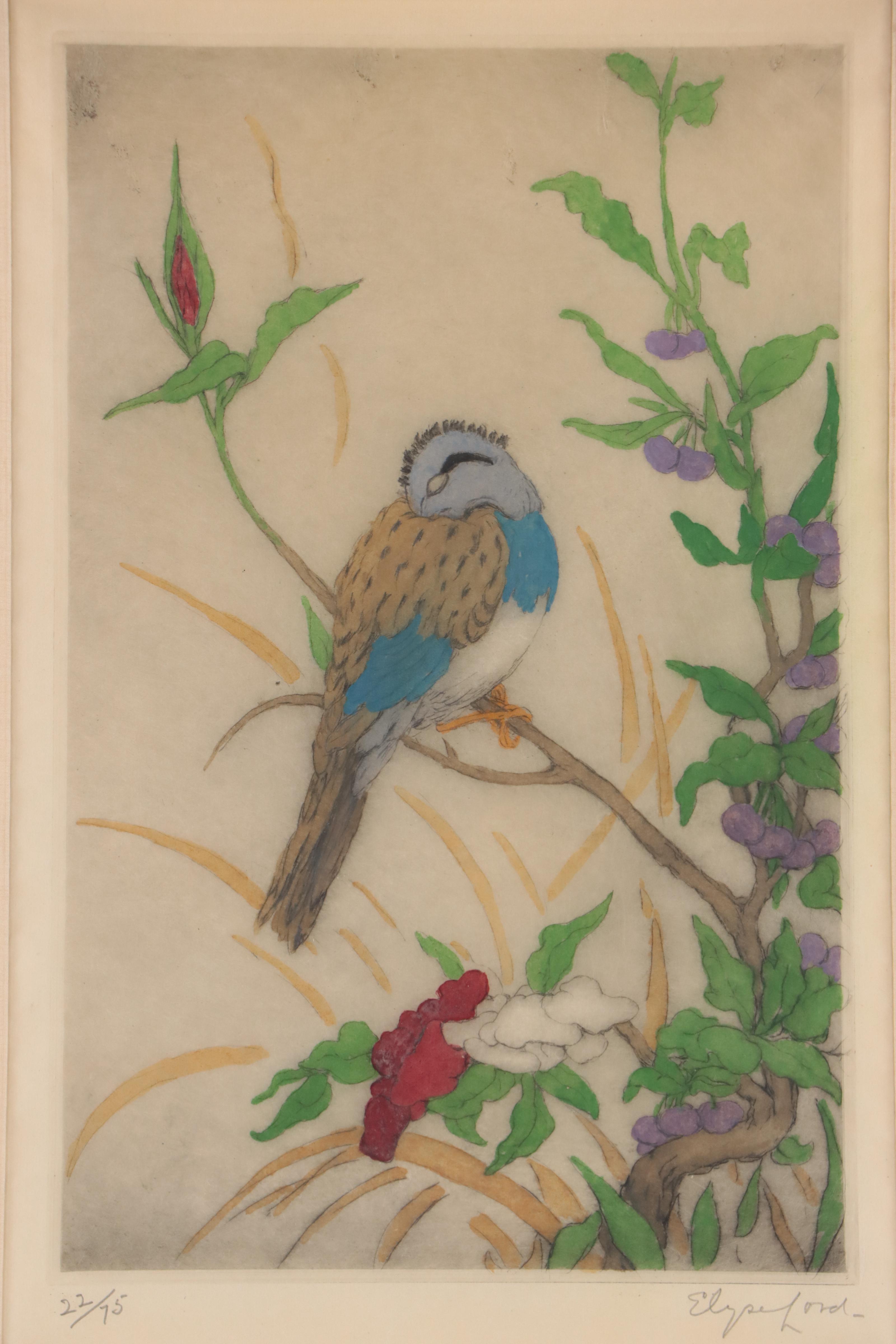 Elyse Lord Hand-Colored Etching with Drypoint of Bird