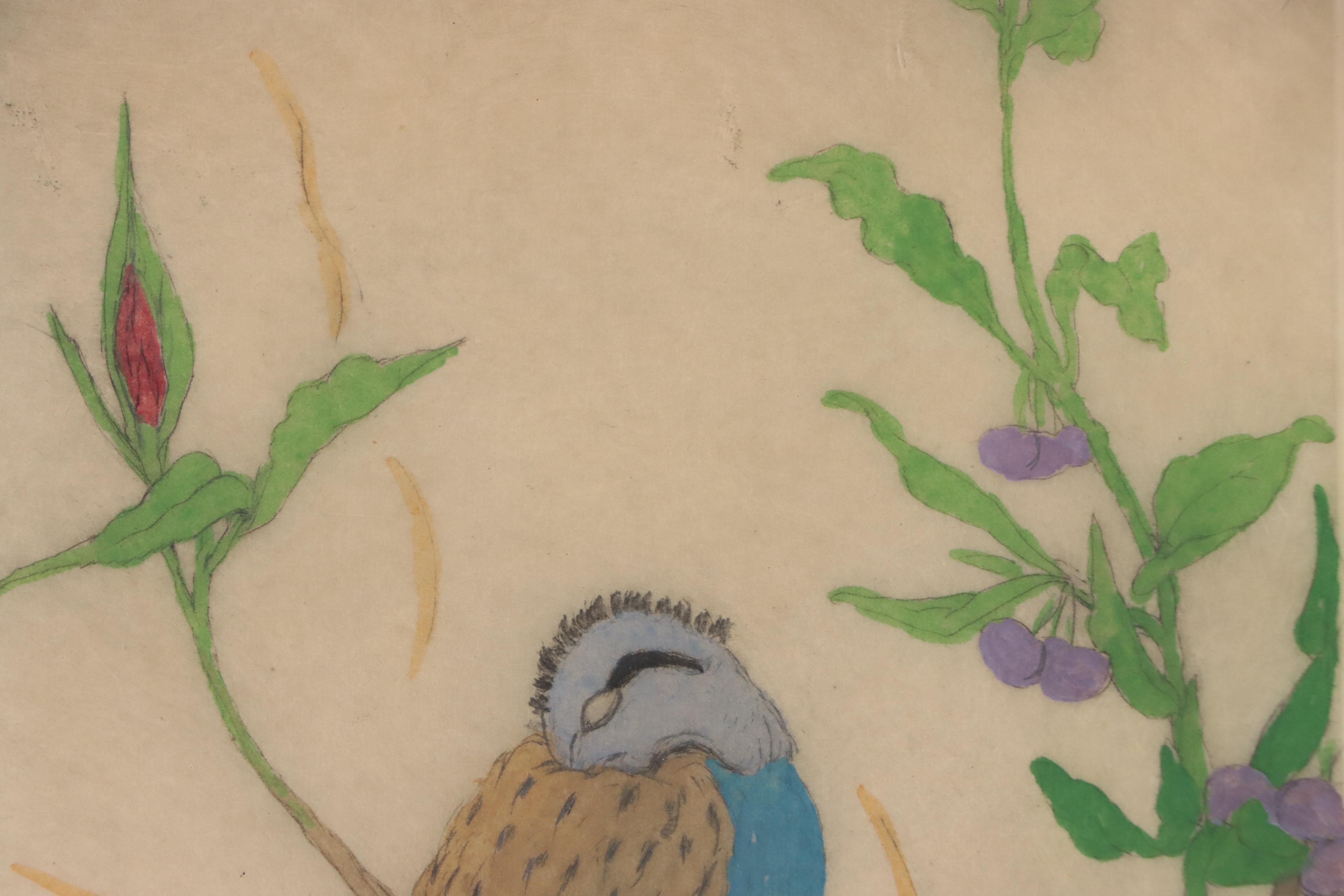 Elyse Lord Hand-Colored Etching with Drypoint of Bird