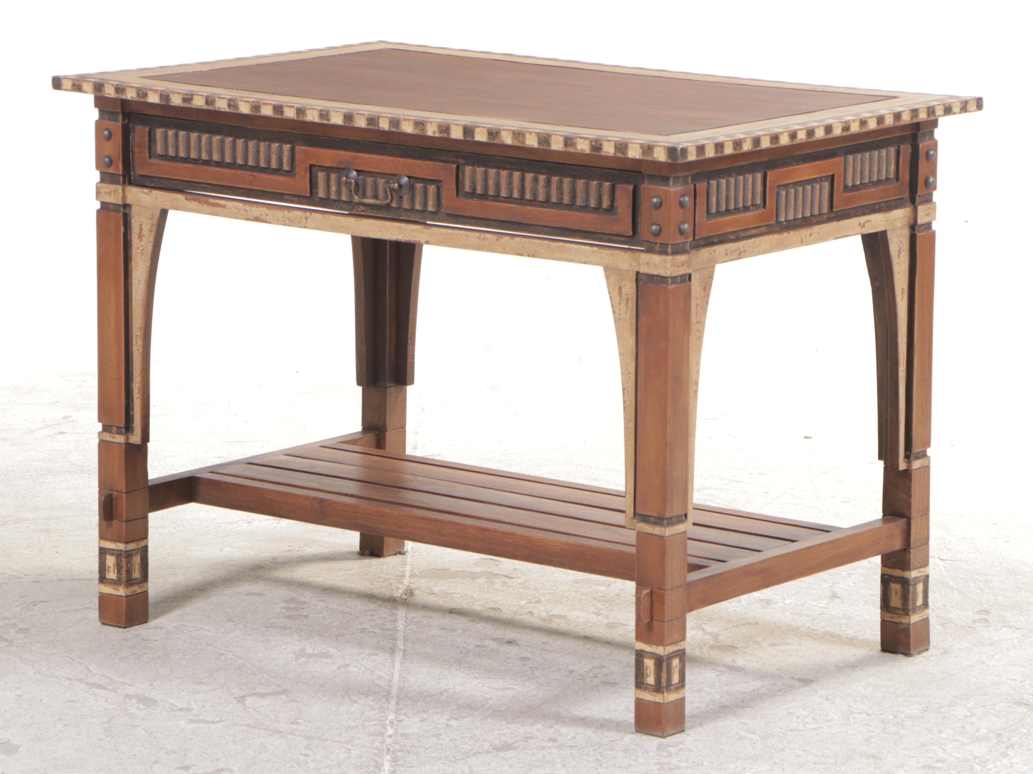 Hardwood and Paint-Decorated Writing Table and Side Chair