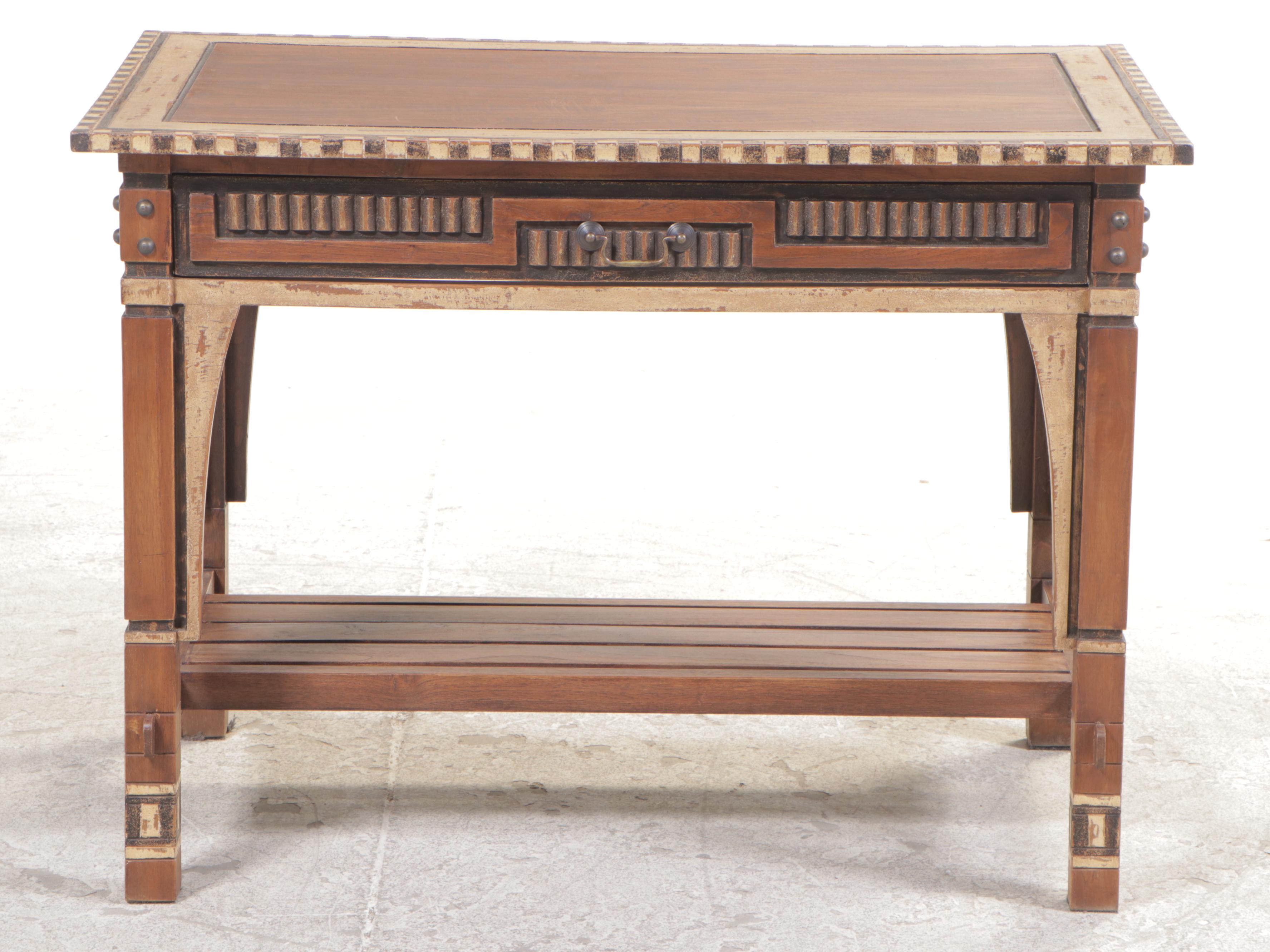 Hardwood and Paint-Decorated Writing Table and Side Chair