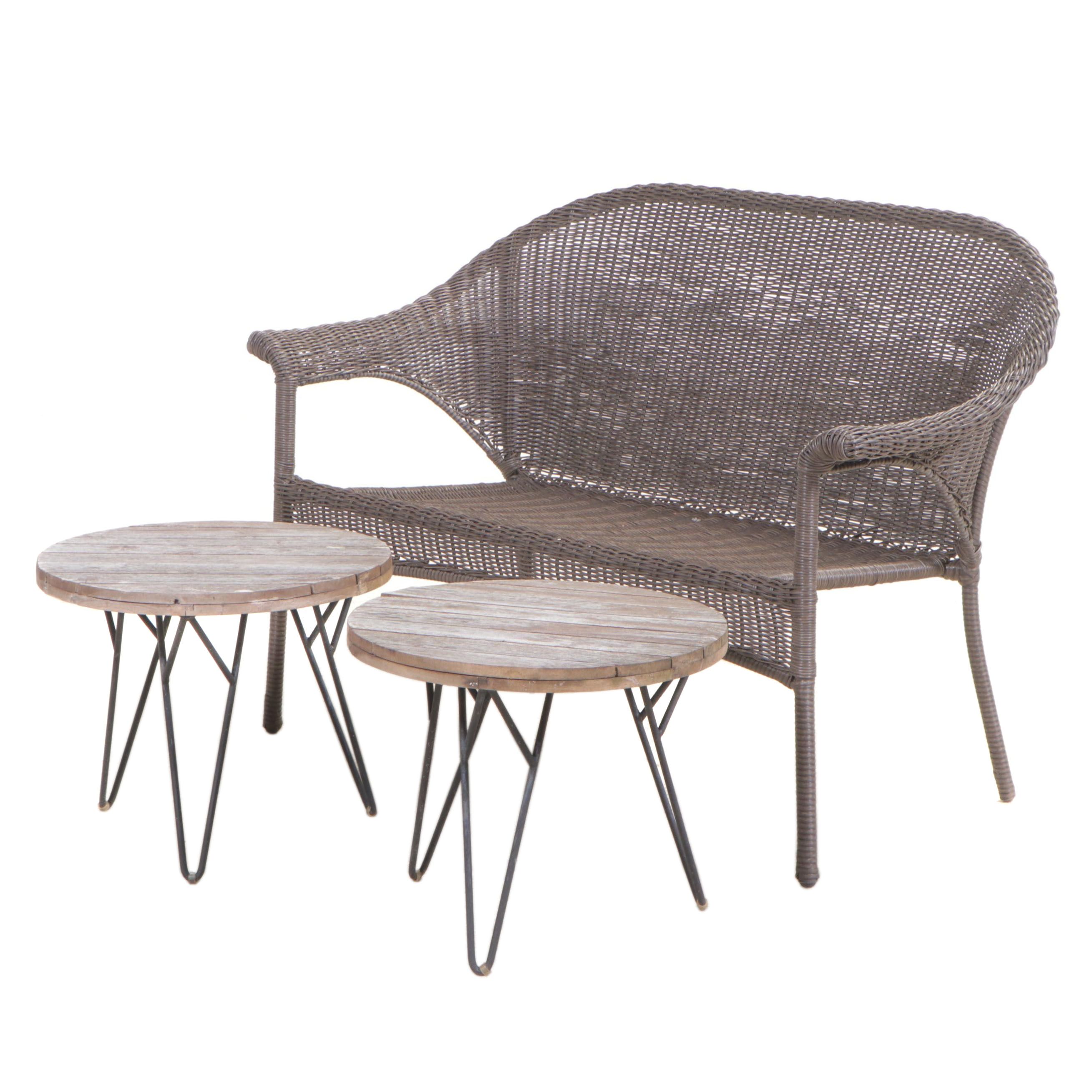 Resin Wicker Patio Settee Plus Two Slatted Hardwood and Metal Side Tables