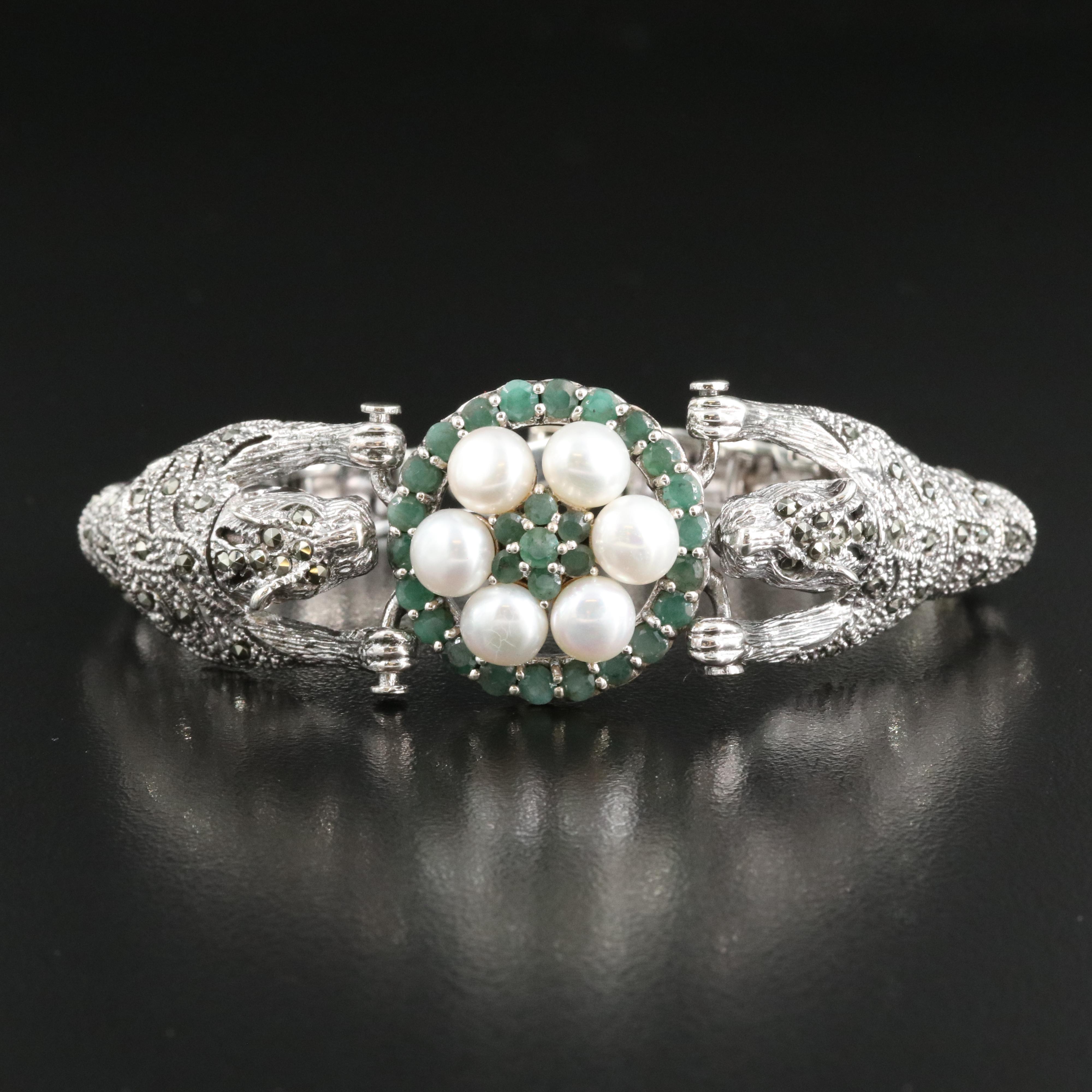 Sterling Pearl, Emerald and Marcasite Tiger Bracelet