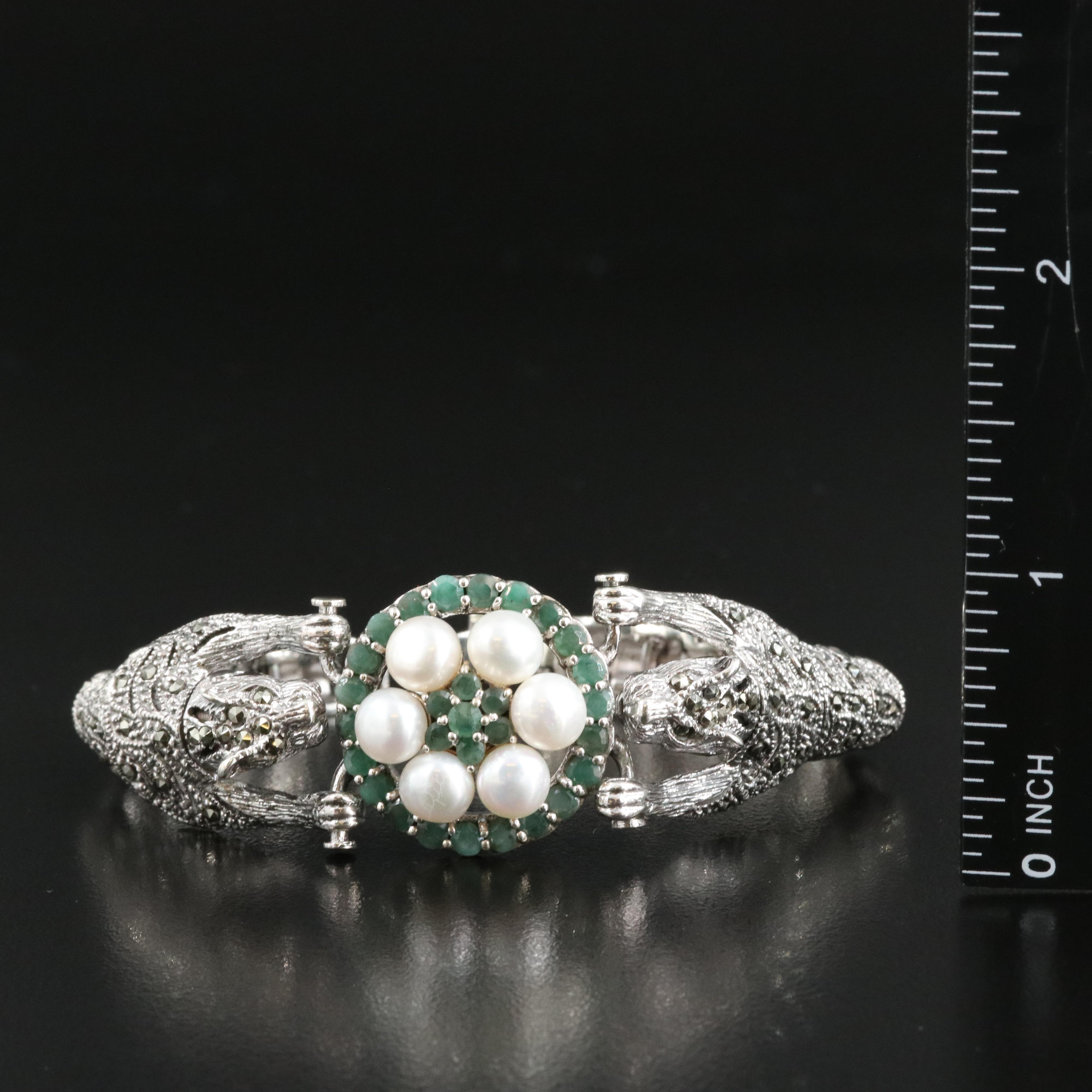 Sterling Pearl, Emerald and Marcasite Tiger Bracelet