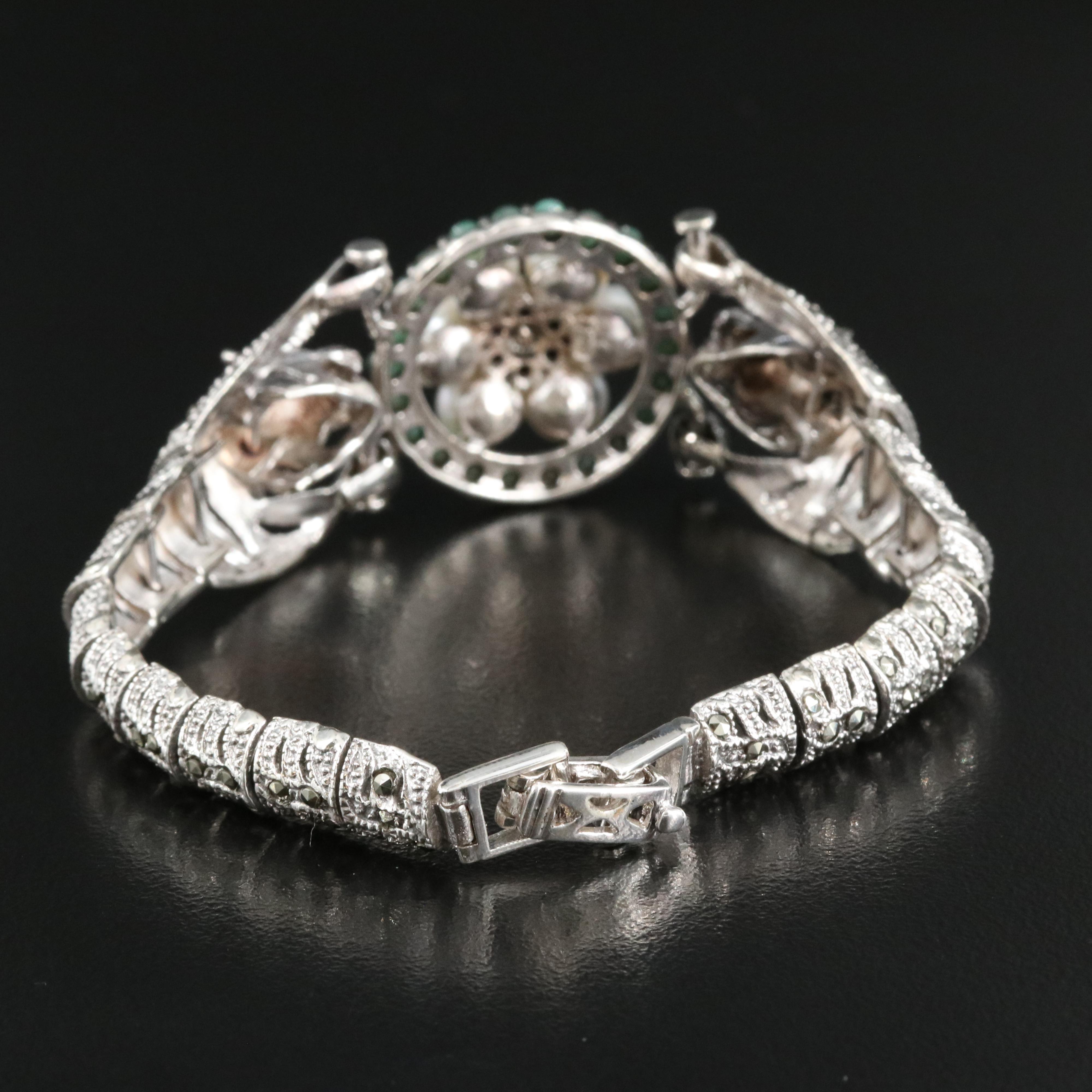 Sterling Pearl, Emerald and Marcasite Tiger Bracelet