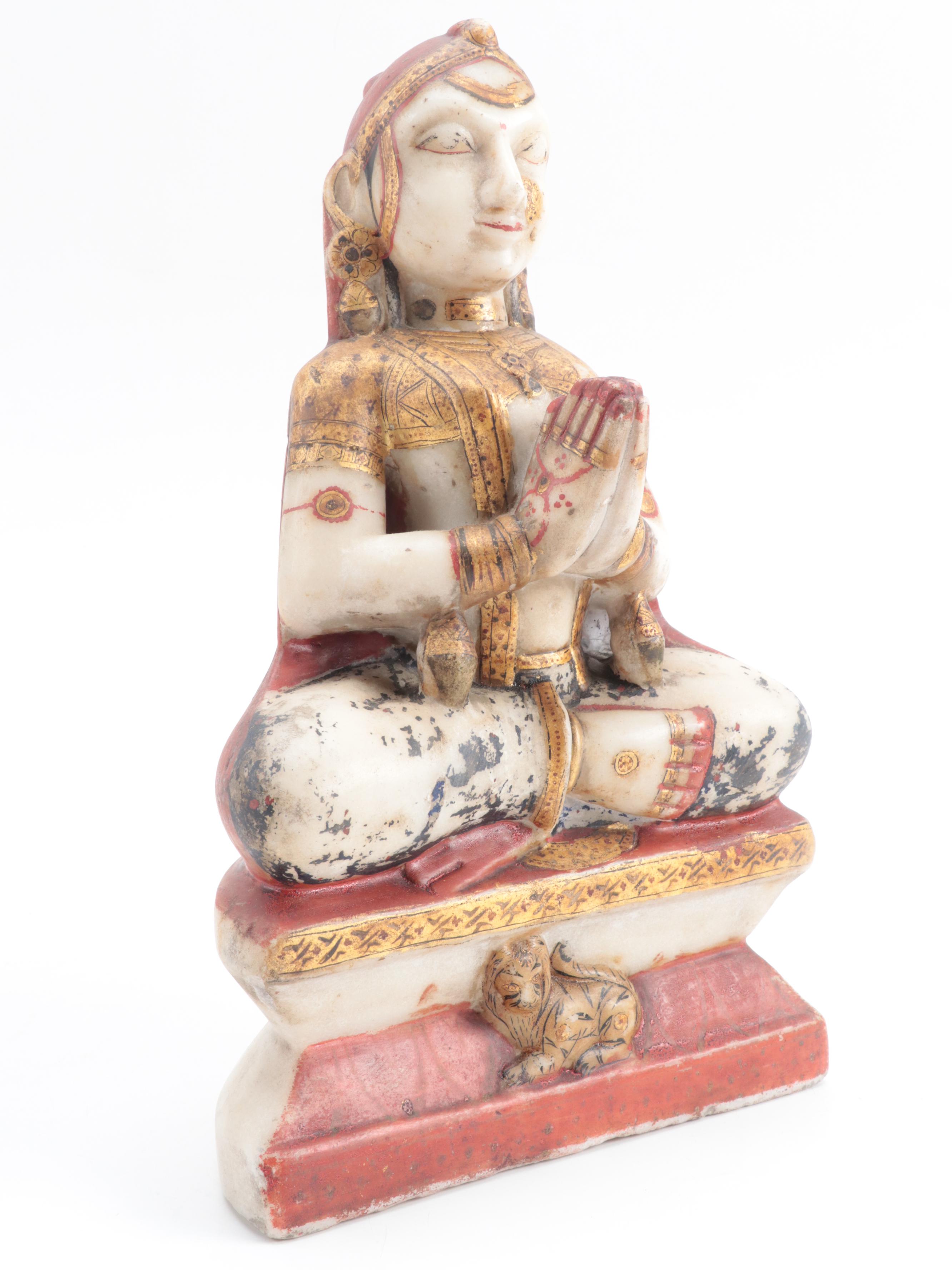Indian Gilt Polychrome Alabaster Carving of a Devi