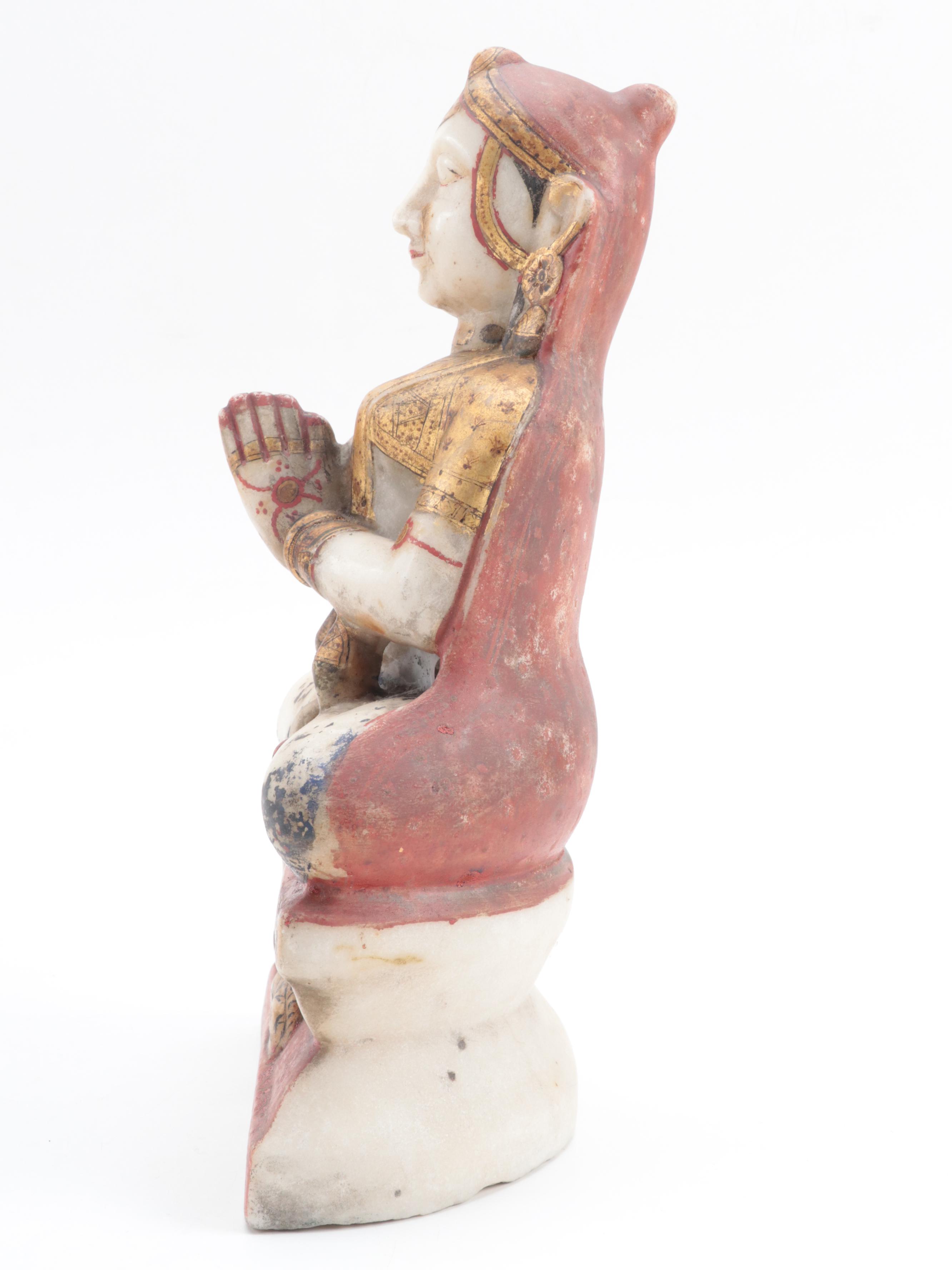 Indian Gilt Polychrome Alabaster Carving of a Devi