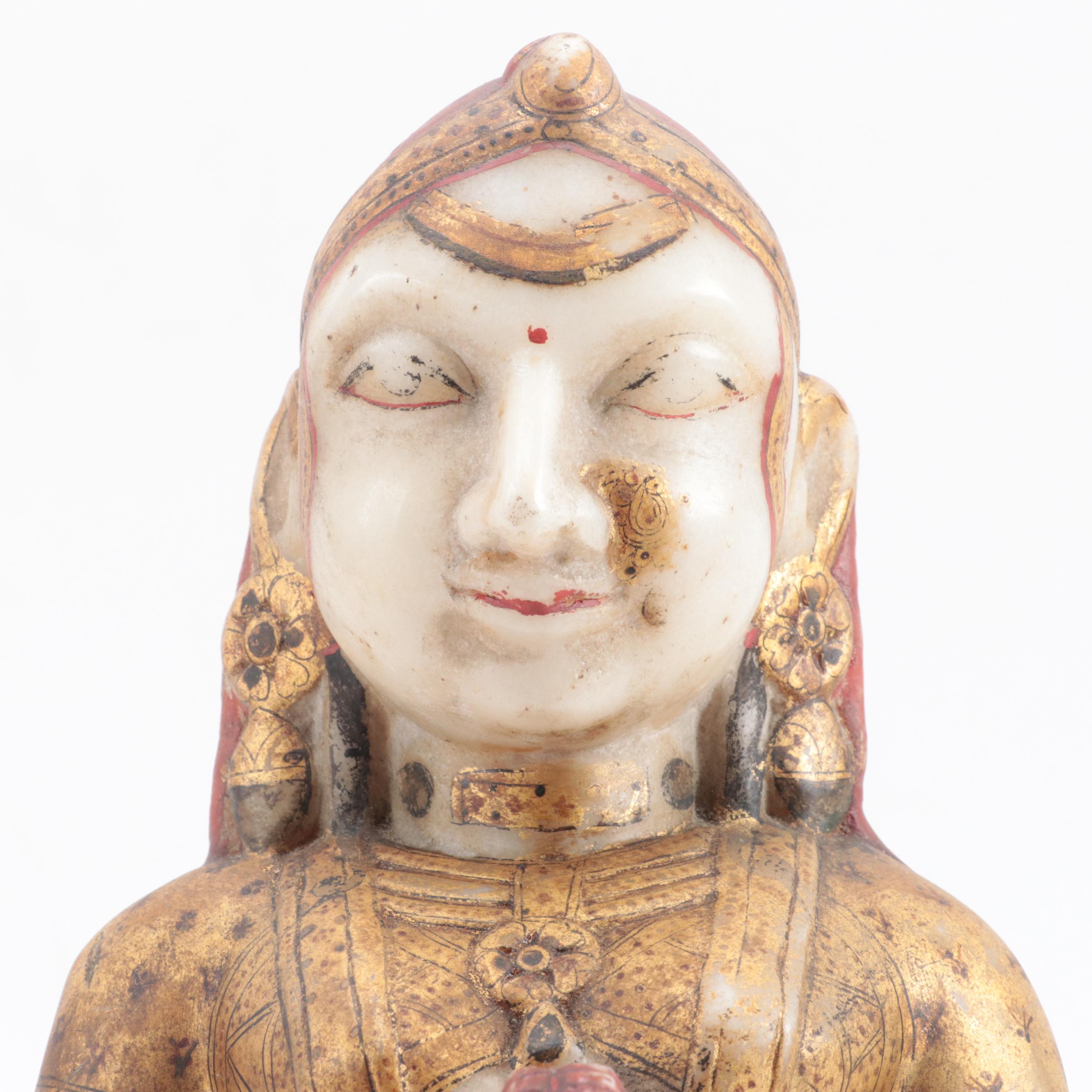 Indian Gilt Polychrome Alabaster Carving of a Devi