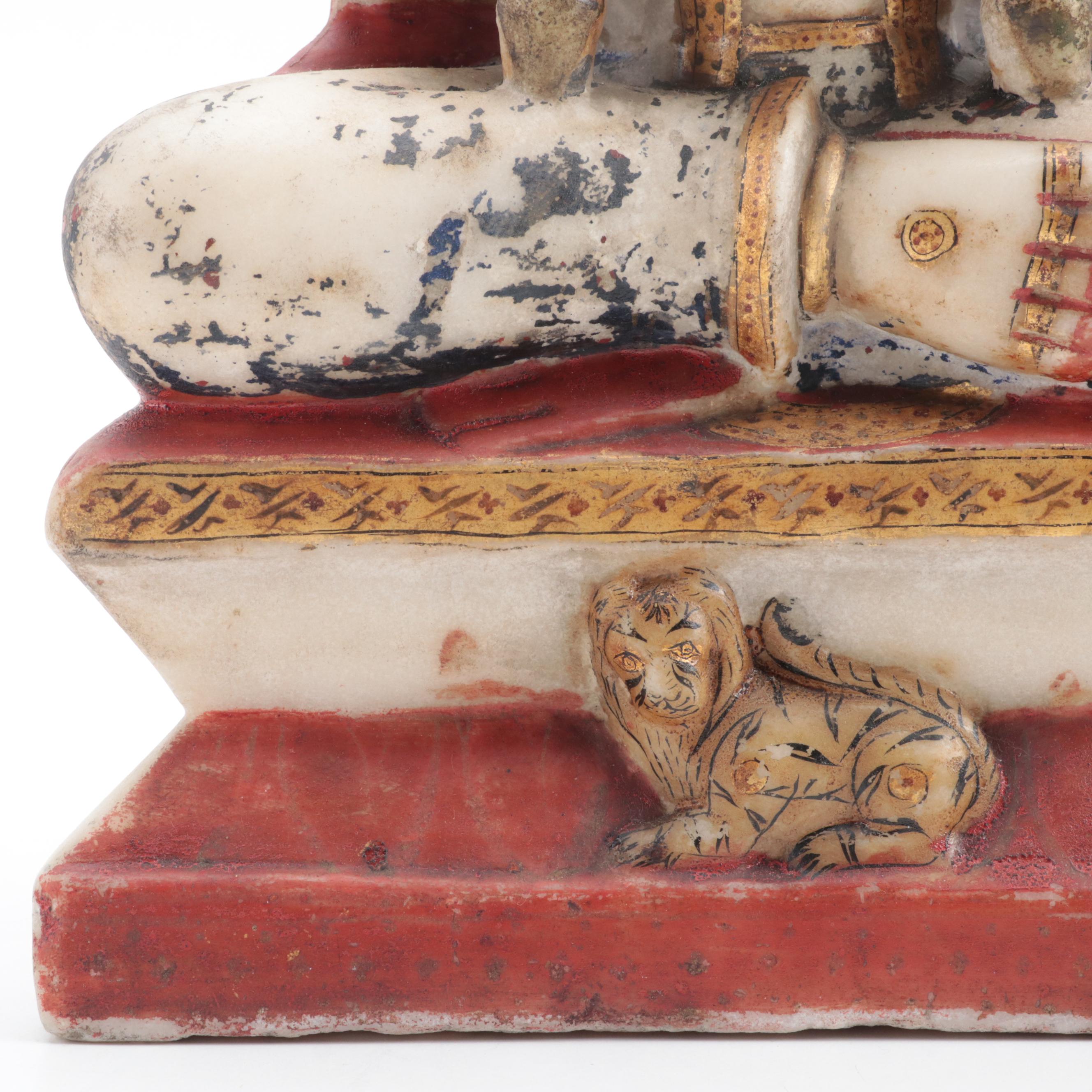 Indian Gilt Polychrome Alabaster Carving of a Devi