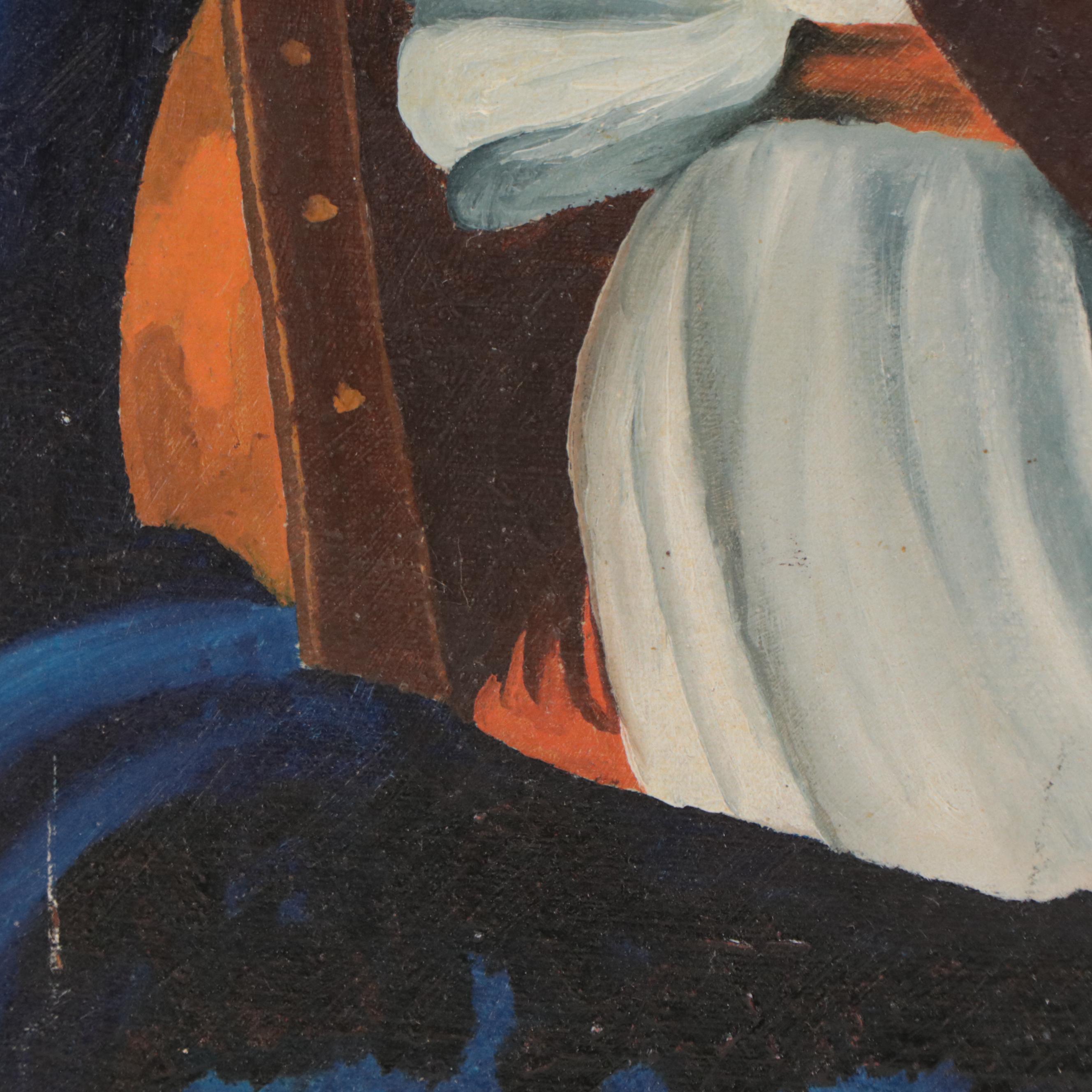 Post-Impressionist Style Oil Painting of Seated Figure With Flowers