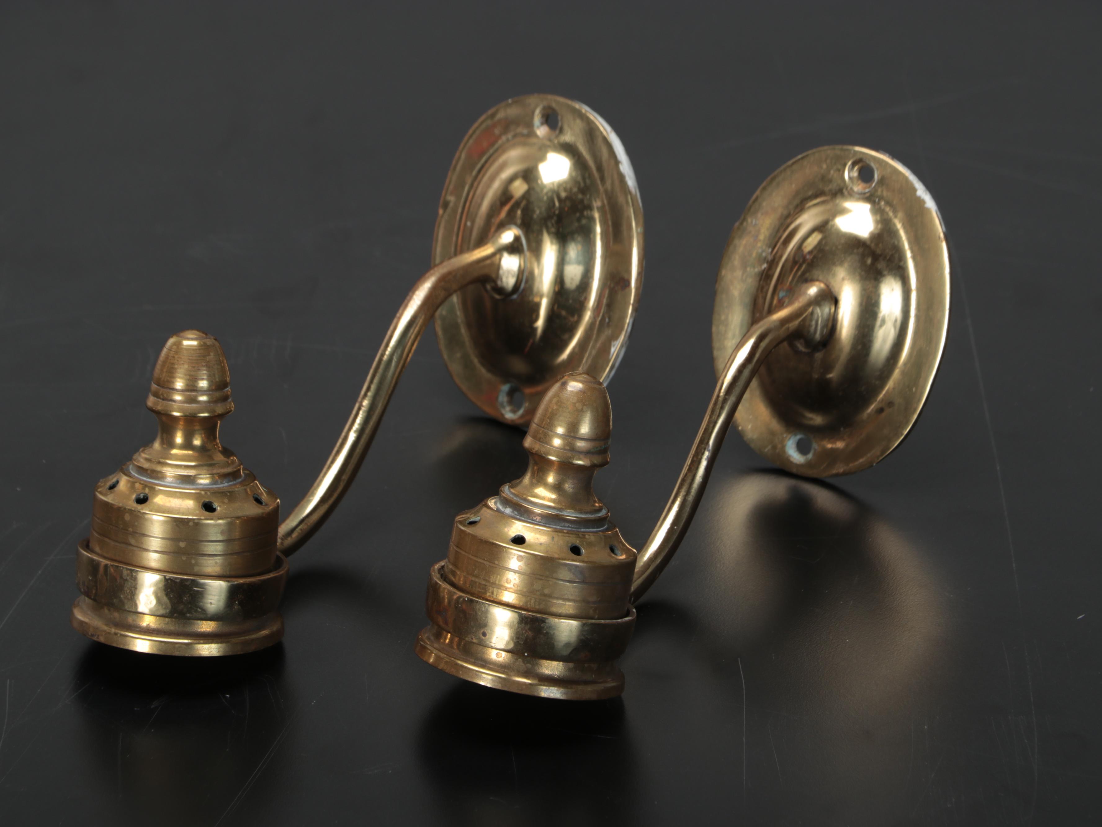 Pair of Regency Brass Wall Candle Sconces with Glass Hurricane Shades, 19th C.