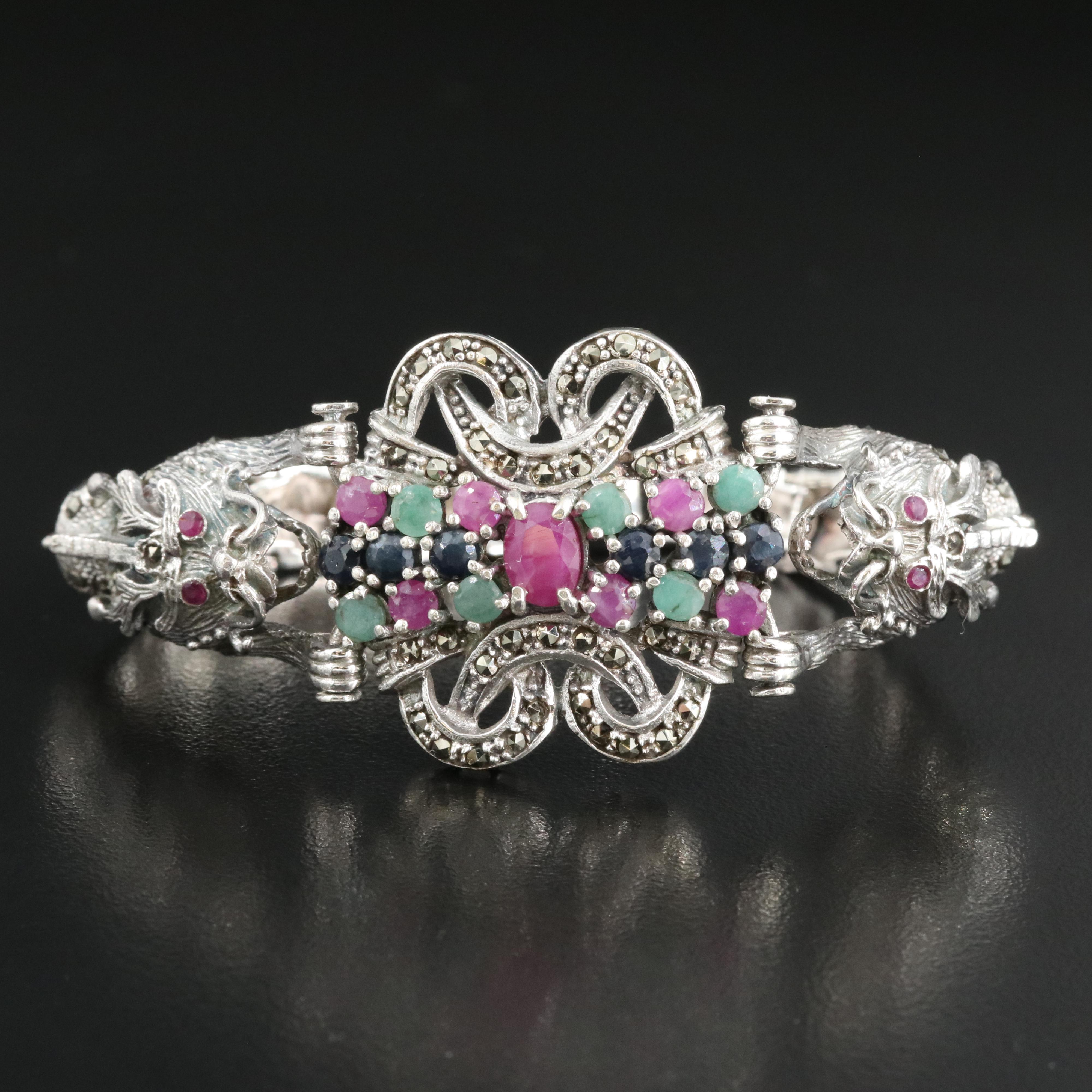 Sterling Eastern Dragon Bracelet Including Ruby, Emerald and Sapphire