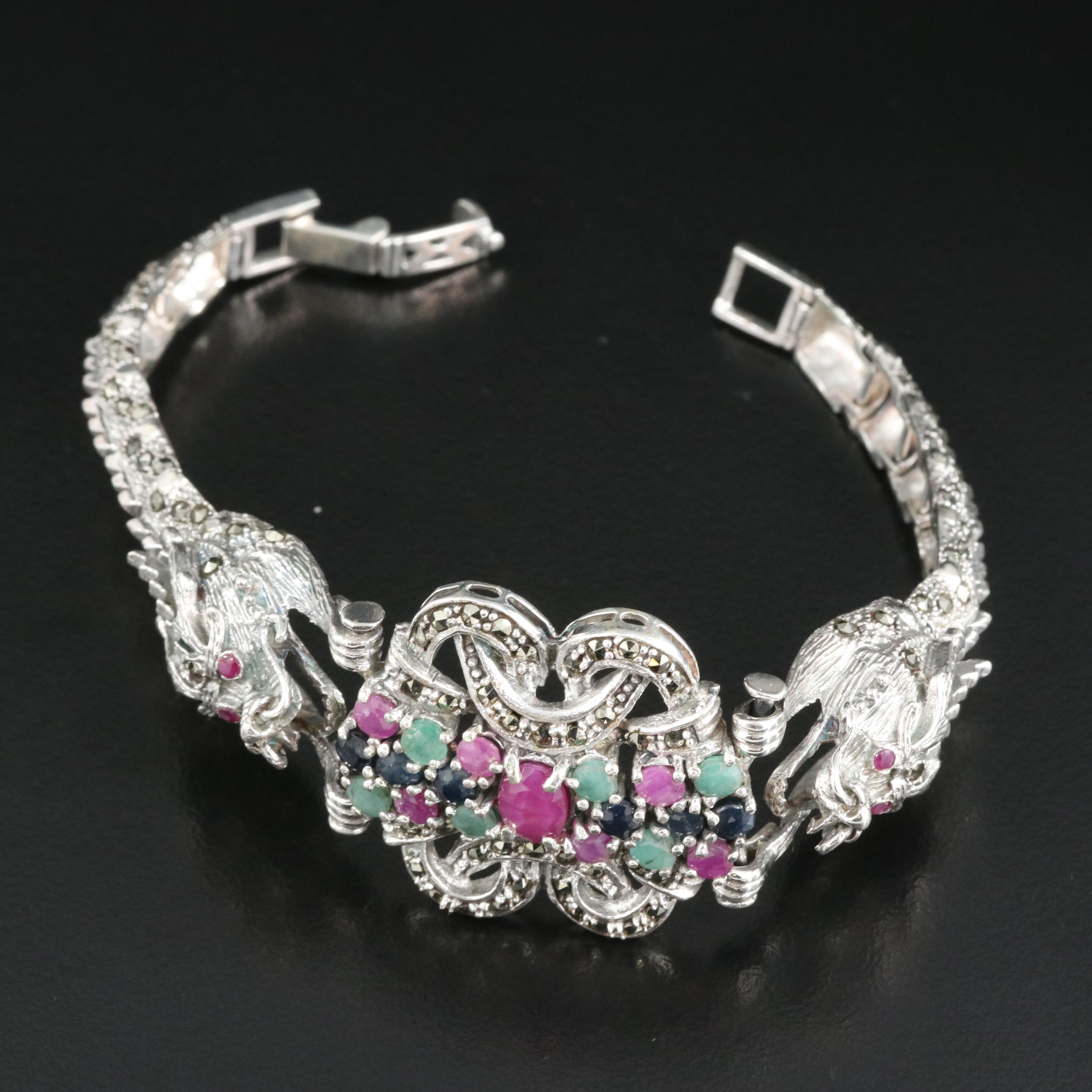 Sterling Eastern Dragon Bracelet Including Ruby, Emerald and Sapphire