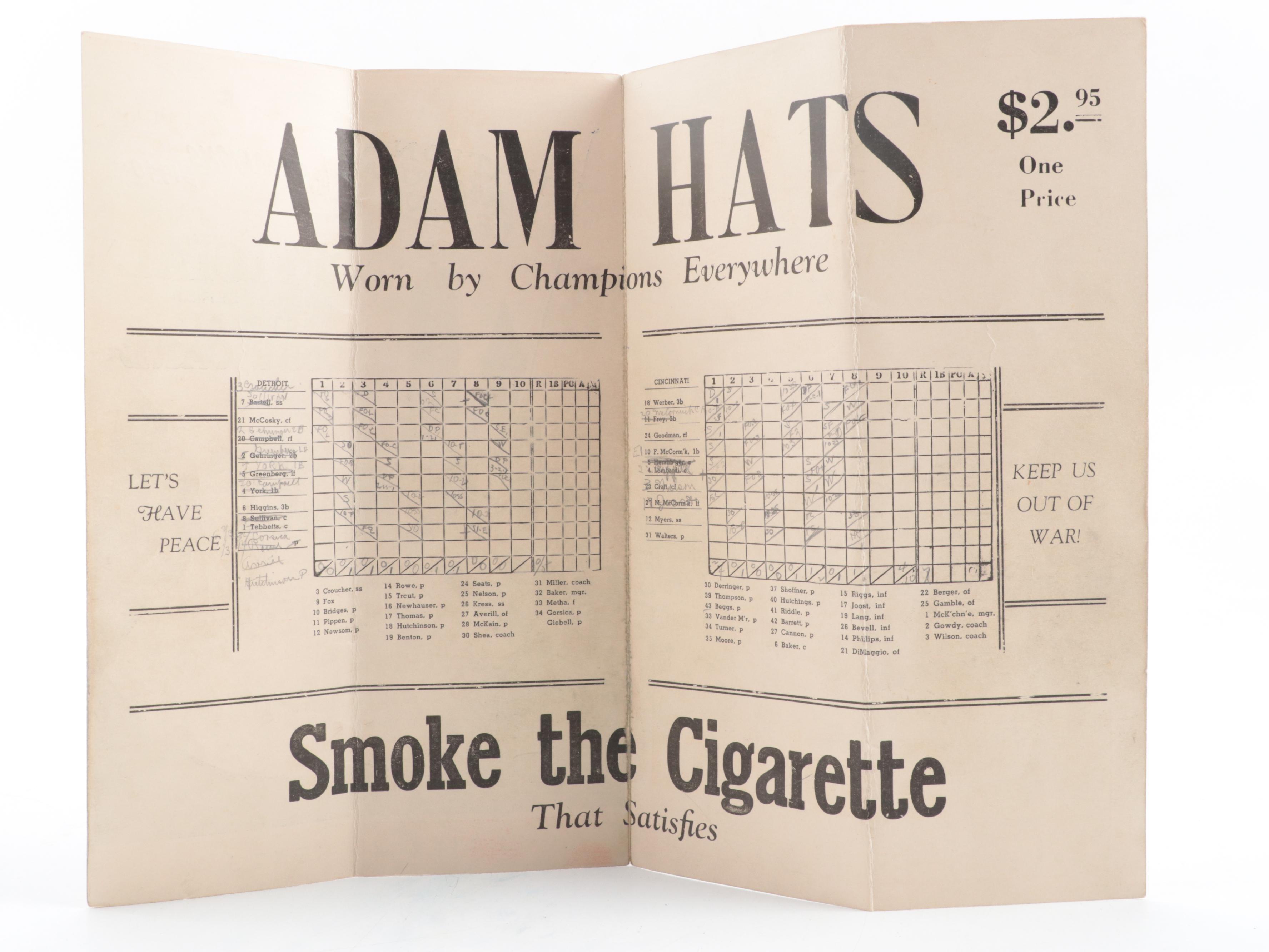 1940 MLB World Series Cincinnati Reds vs. Detroit Tigers Game 4 Score Card