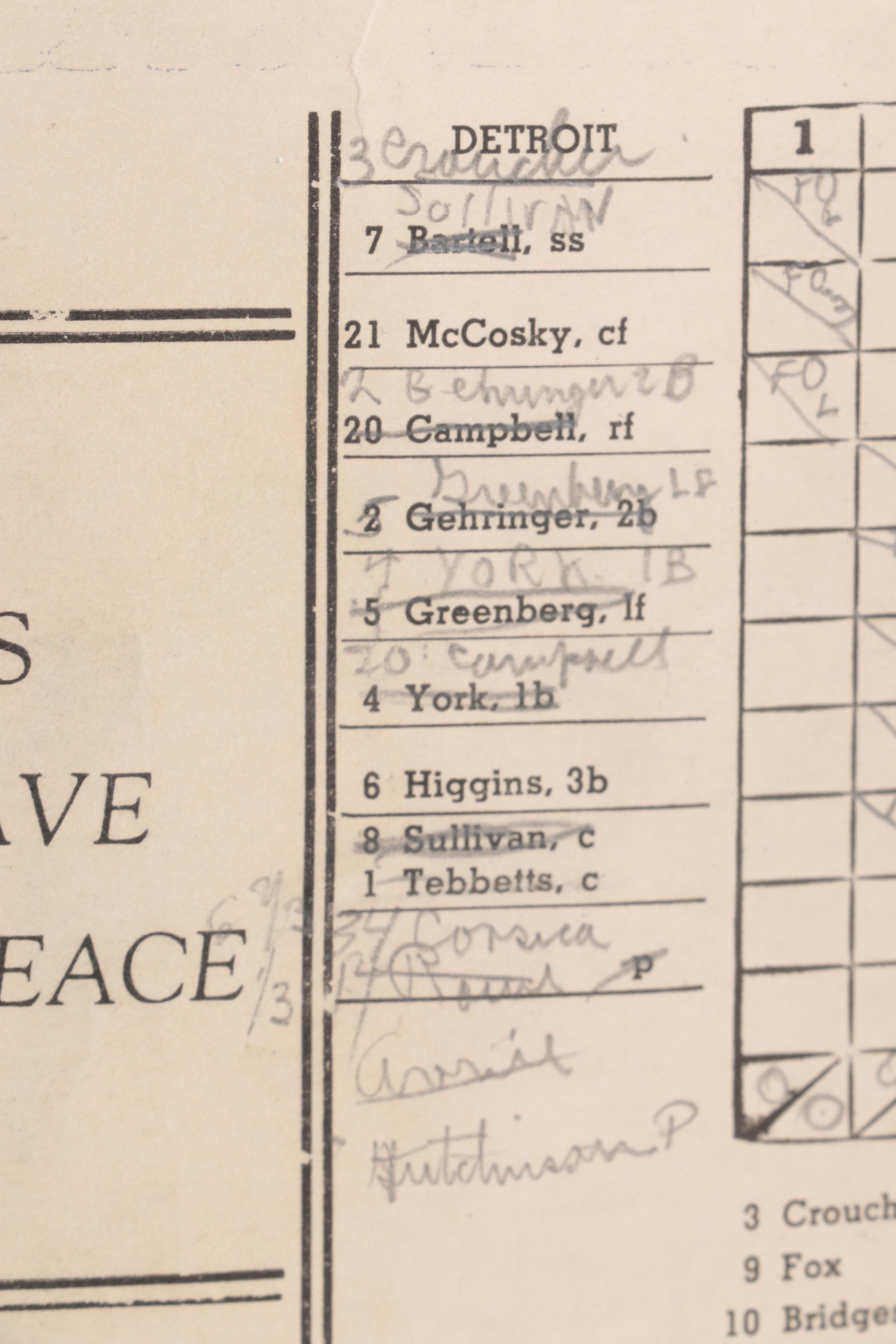 1940 MLB World Series Cincinnati Reds vs. Detroit Tigers Game 4 Score Card