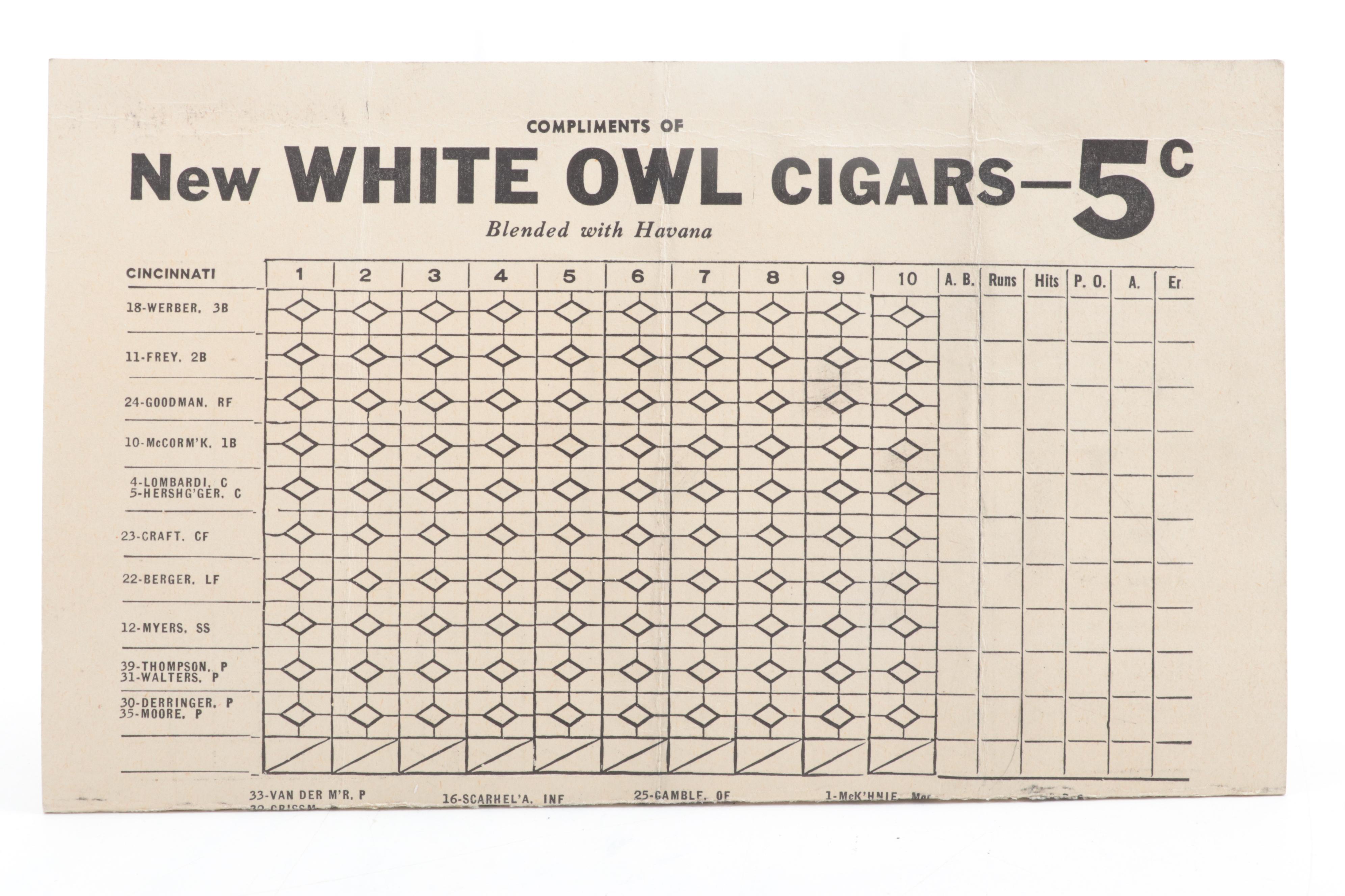 1940 MLB World Series Cincinnati Reds vs. Detroit Tigers Game 4 Score Card