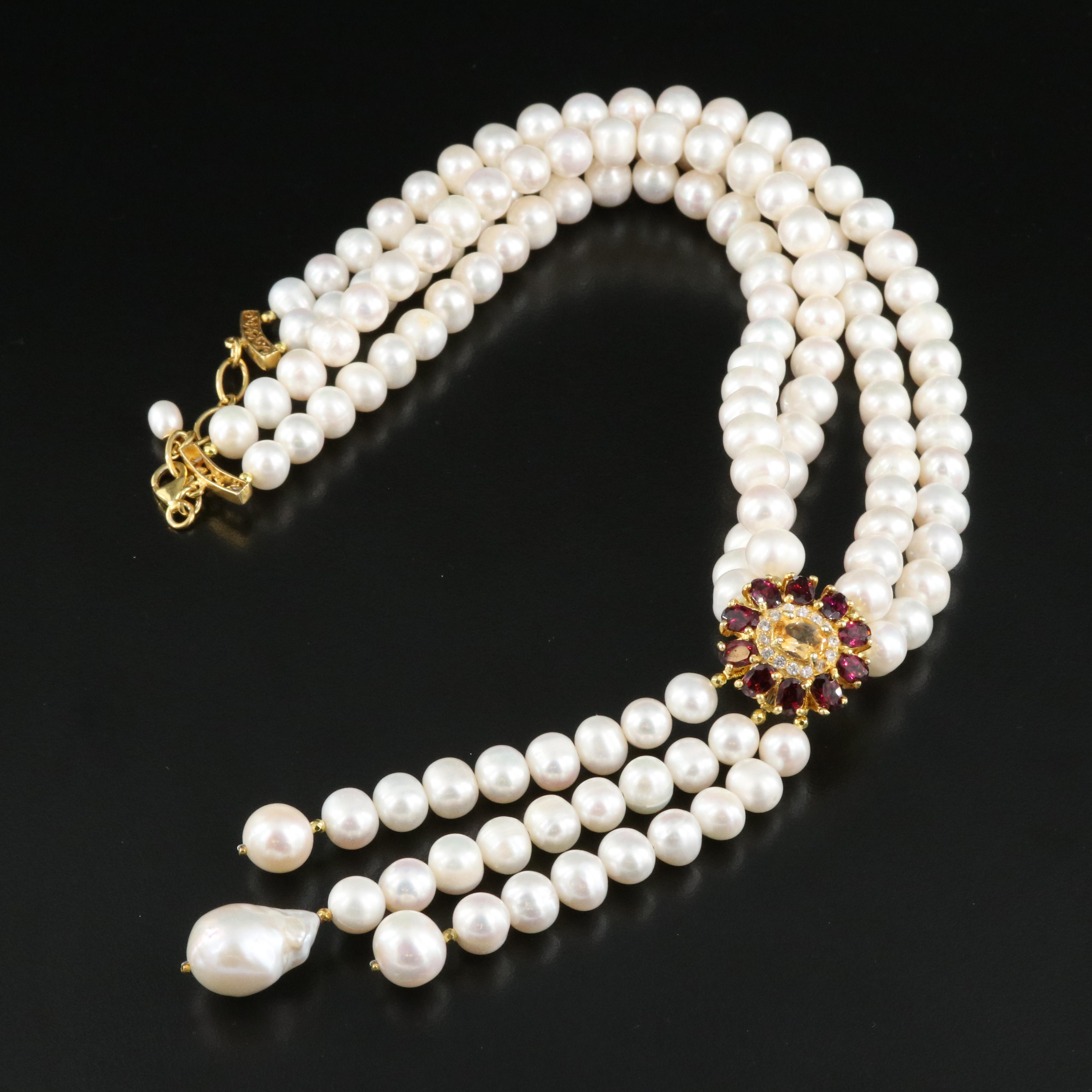 Sterling Necklace Including Pearl, Citrine and Zircon