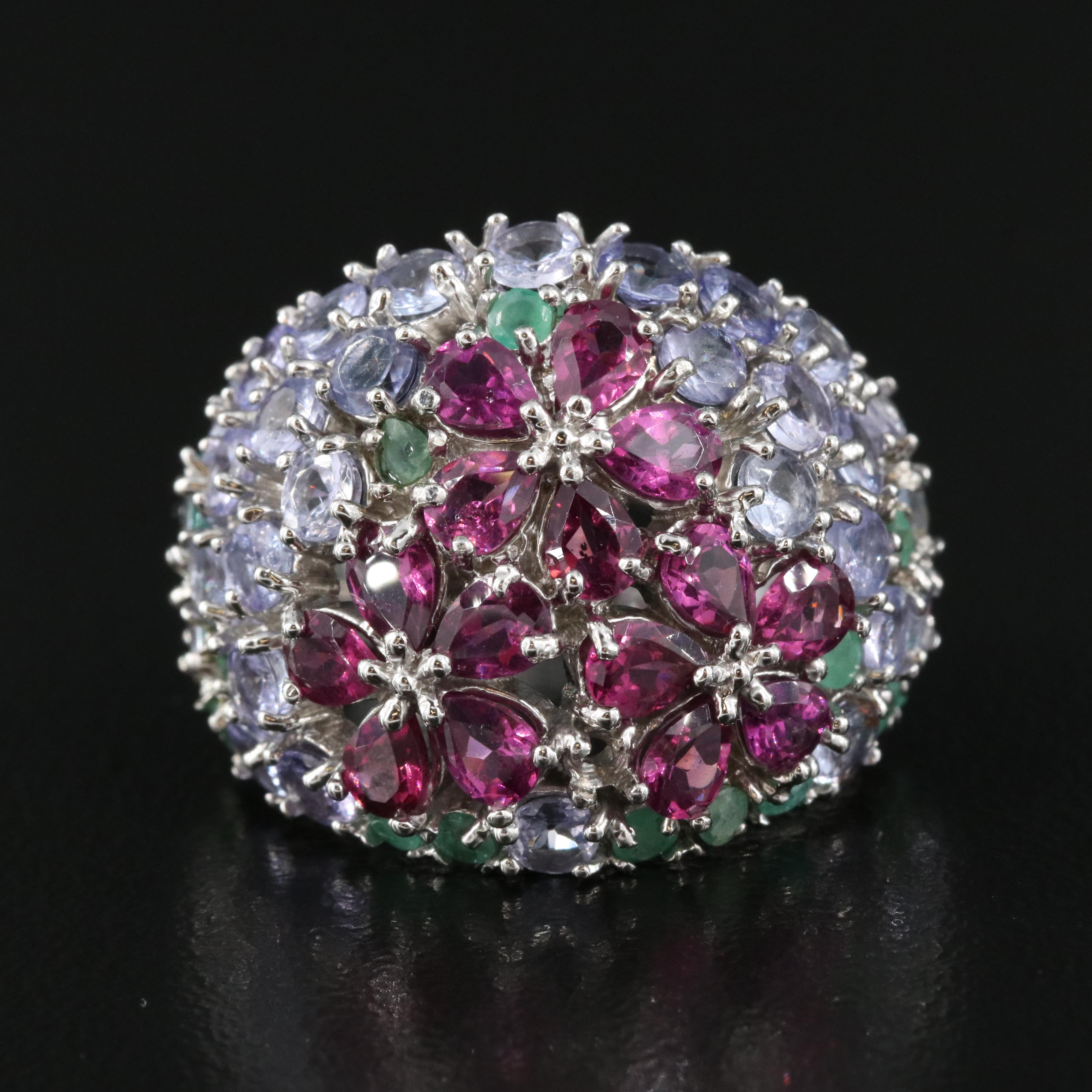 Sterling Rhodolite Garnet, Tanzanite and Emerald Domed Ring