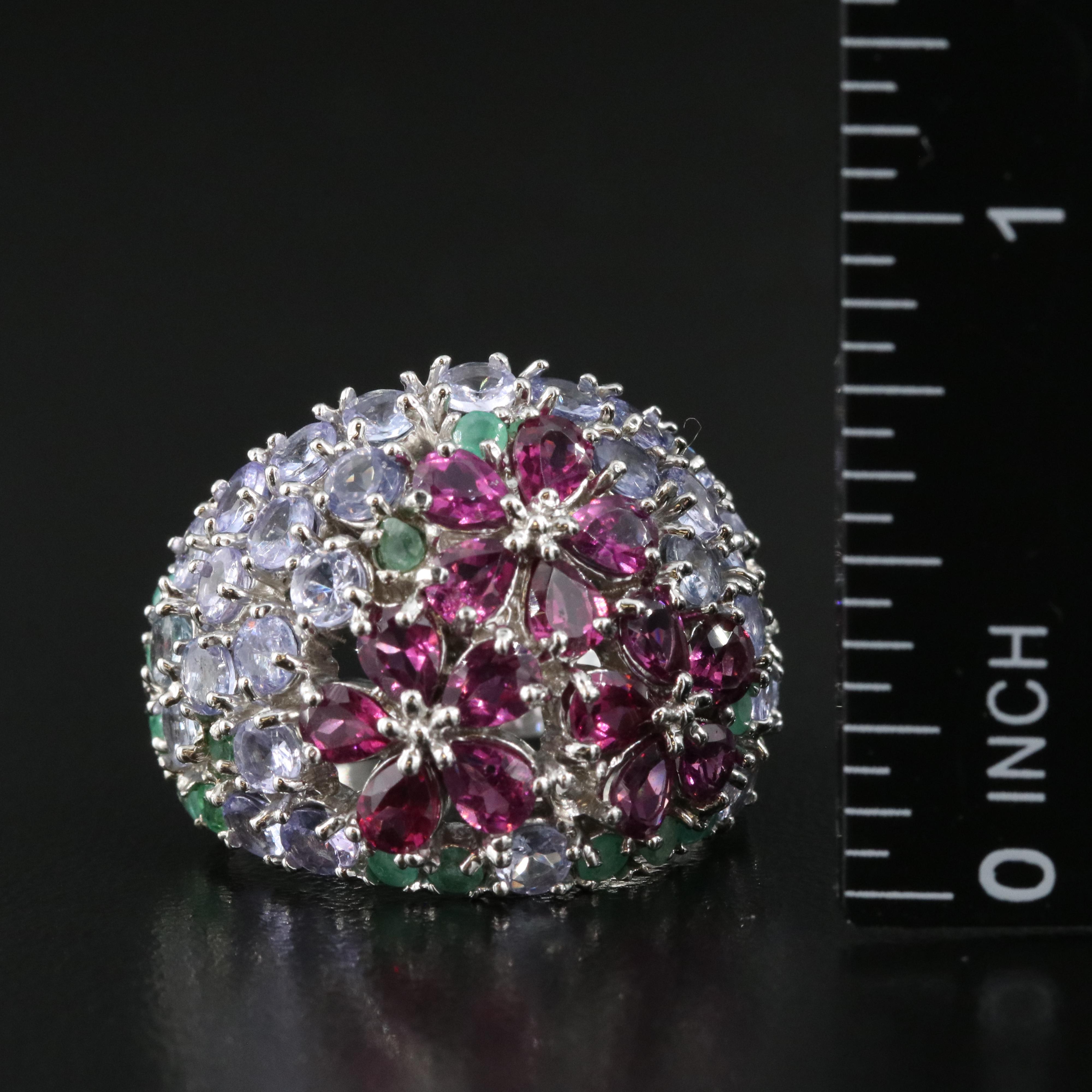 Sterling Rhodolite Garnet, Tanzanite and Emerald Domed Ring
