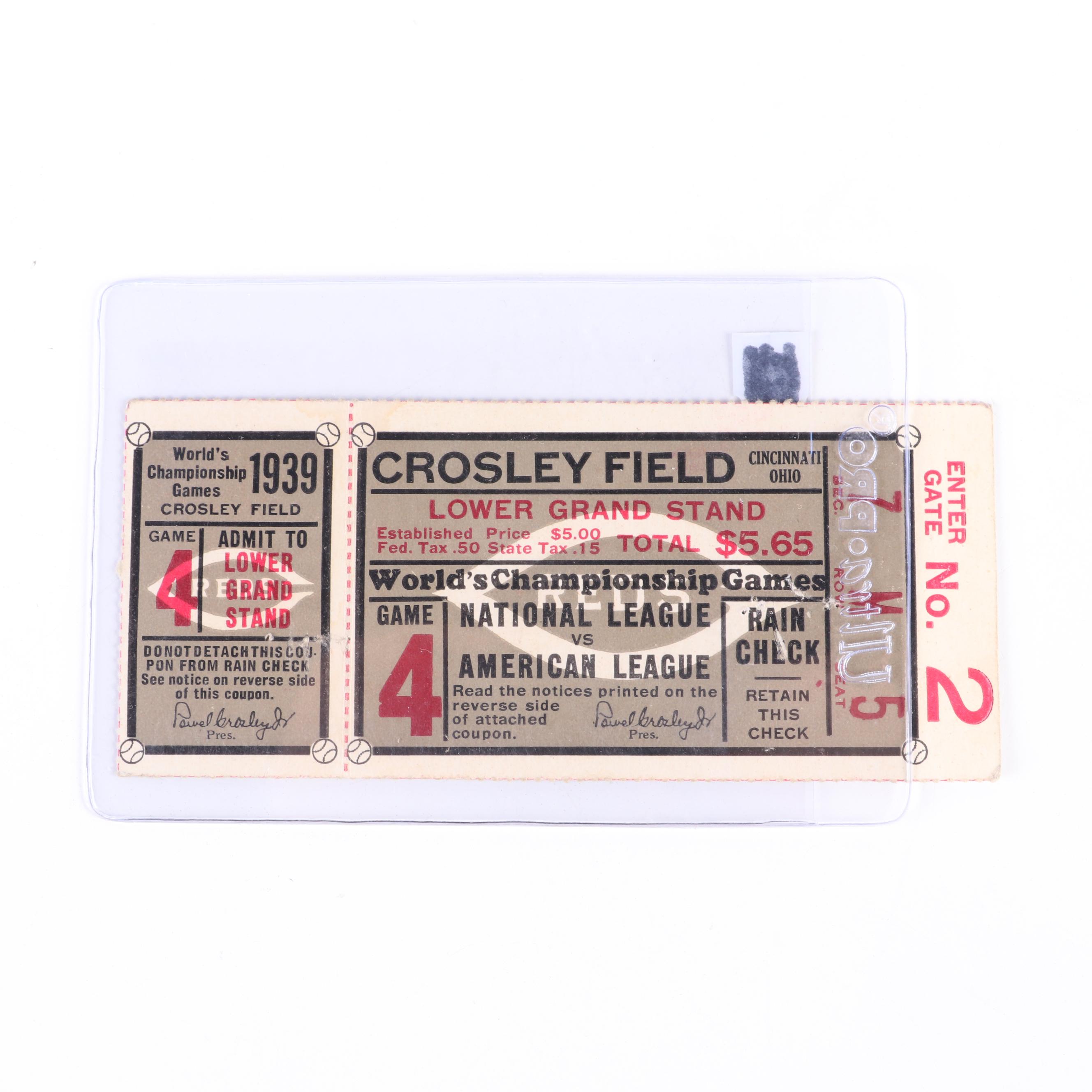 1939 MLB World Series Cincinnati Reds vs. New York Yankees Game 4 Ticket
