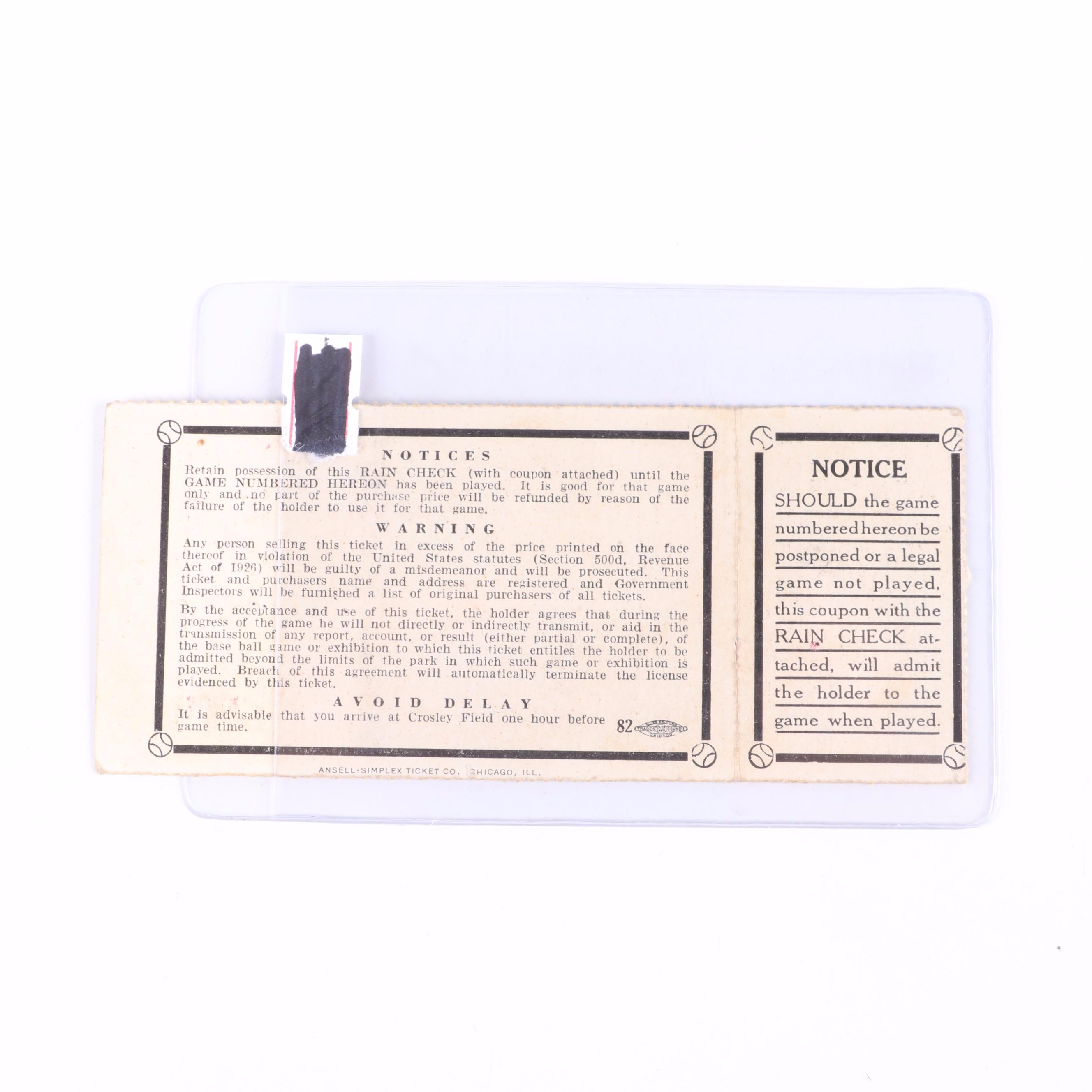 1939 MLB World Series Cincinnati Reds vs. New York Yankees Game 4 Ticket