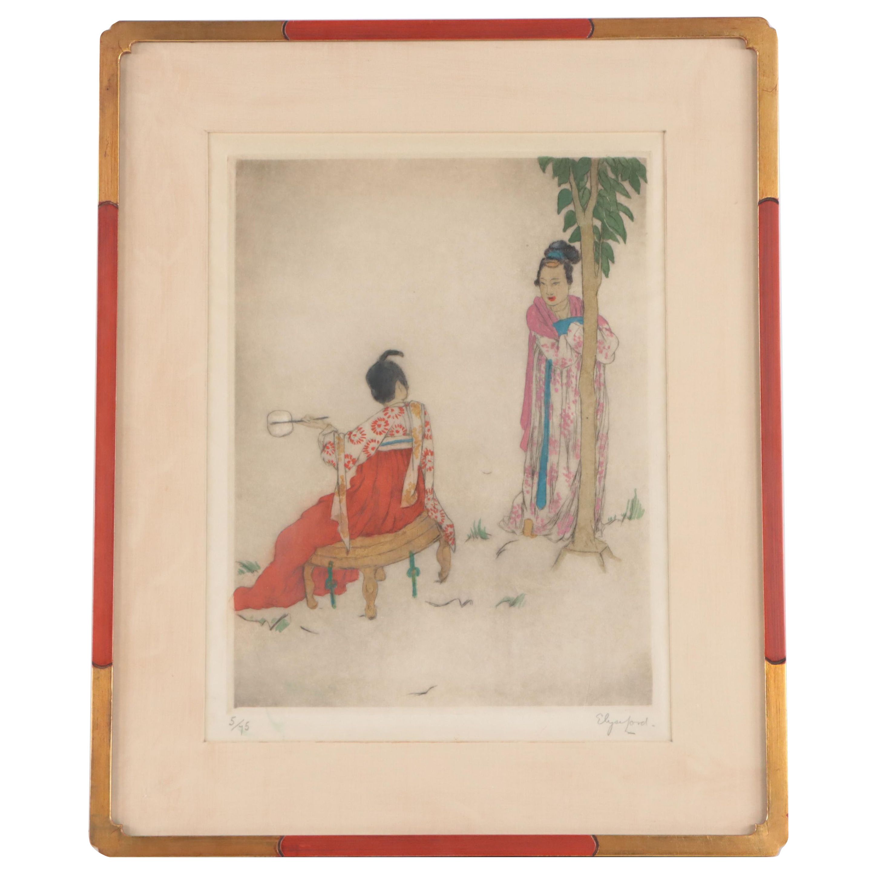 Elyse Lord Hand-Colored Etching with Drypoint "Chinese"