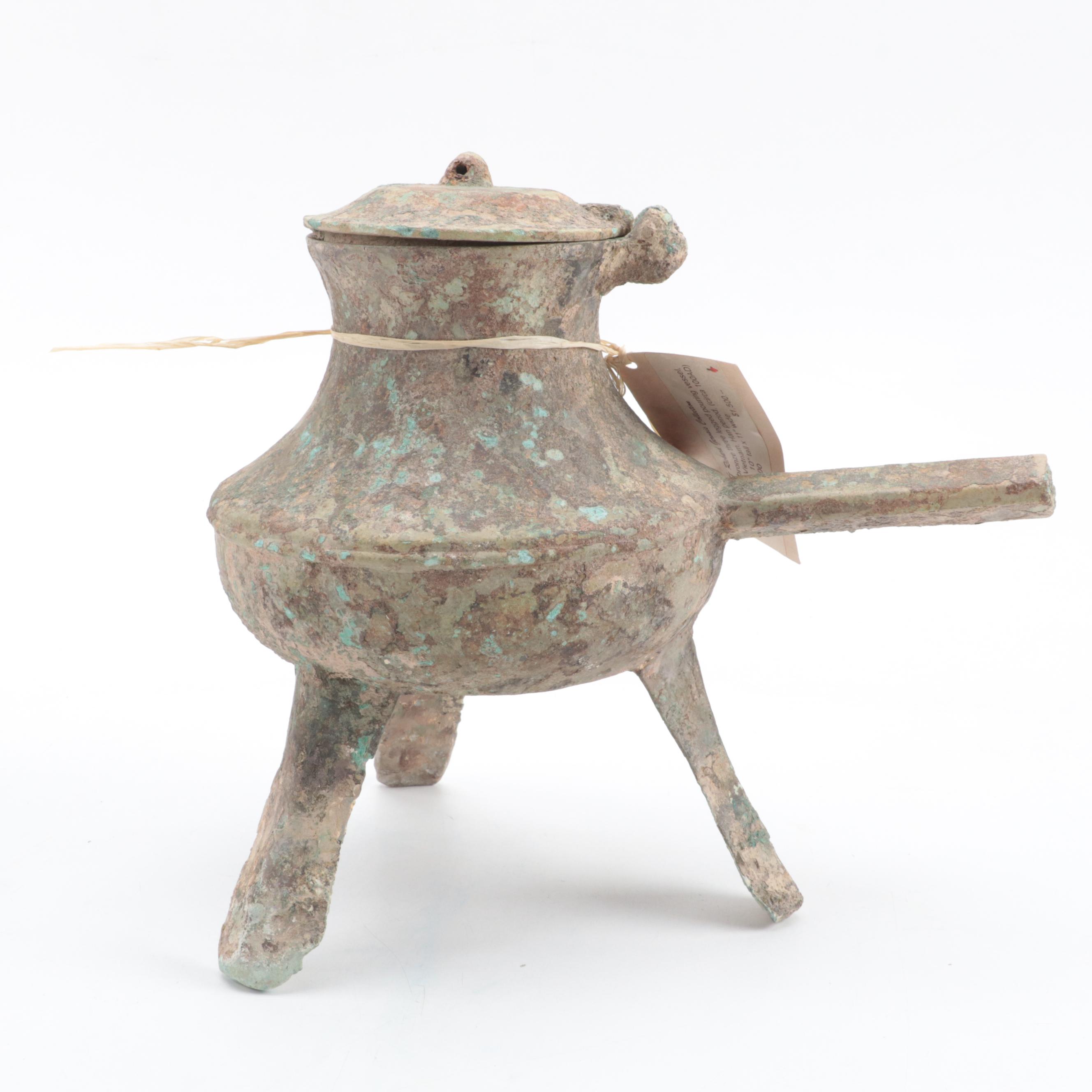 Vietnamese Han Dynasty Bronze Handled Tripod Cooking Vessel