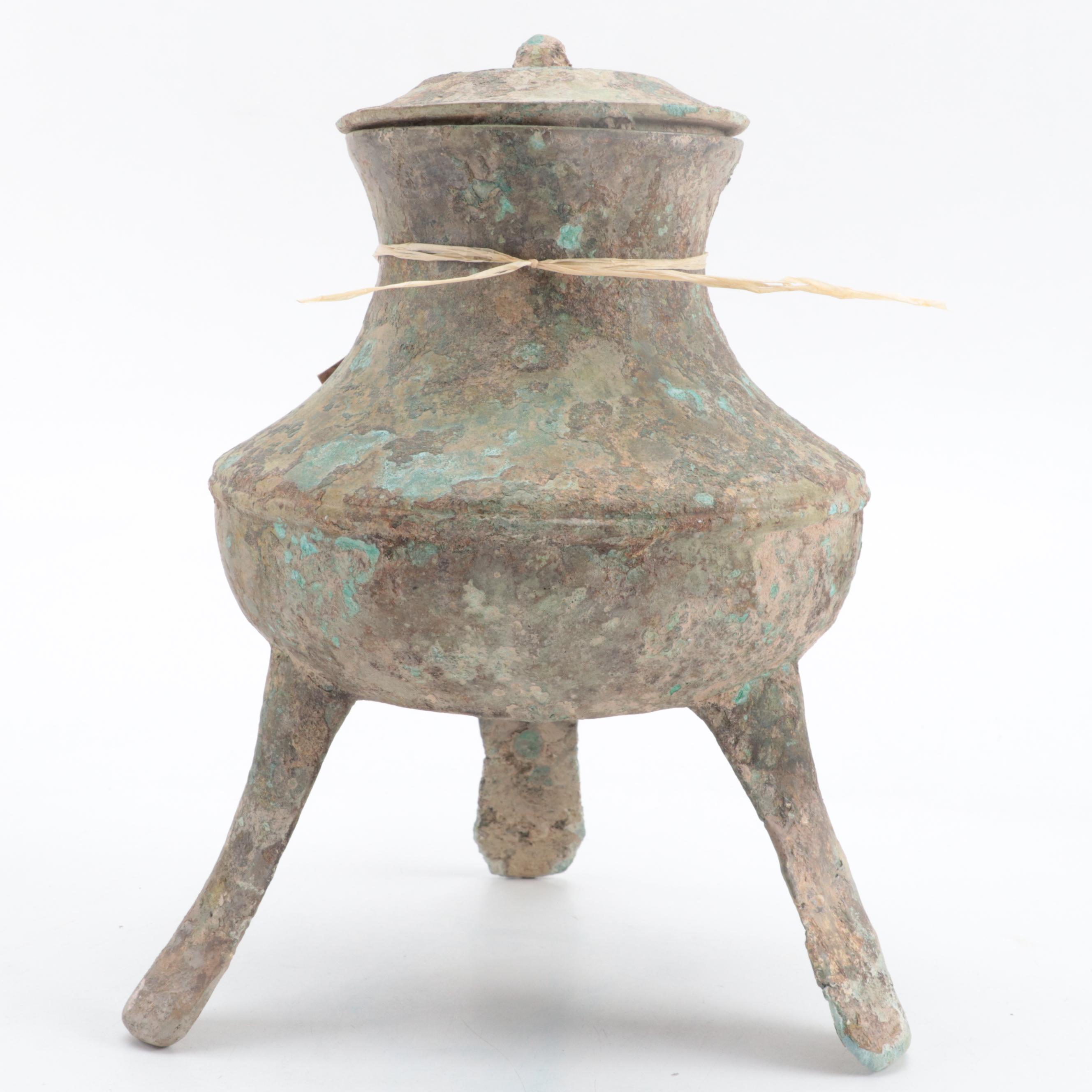 Vietnamese Han Dynasty Bronze Handled Tripod Cooking Vessel
