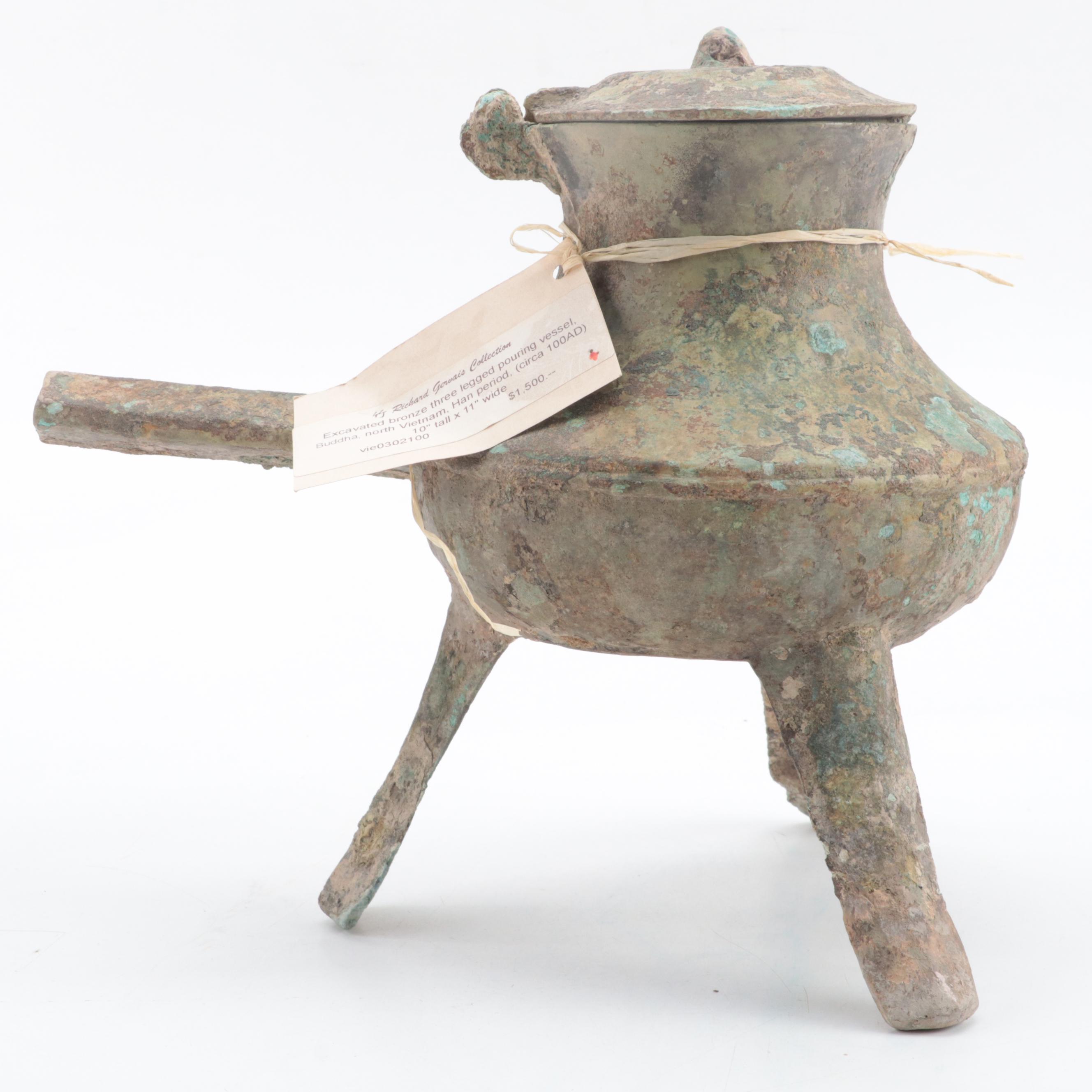 Vietnamese Han Dynasty Bronze Handled Tripod Cooking Vessel