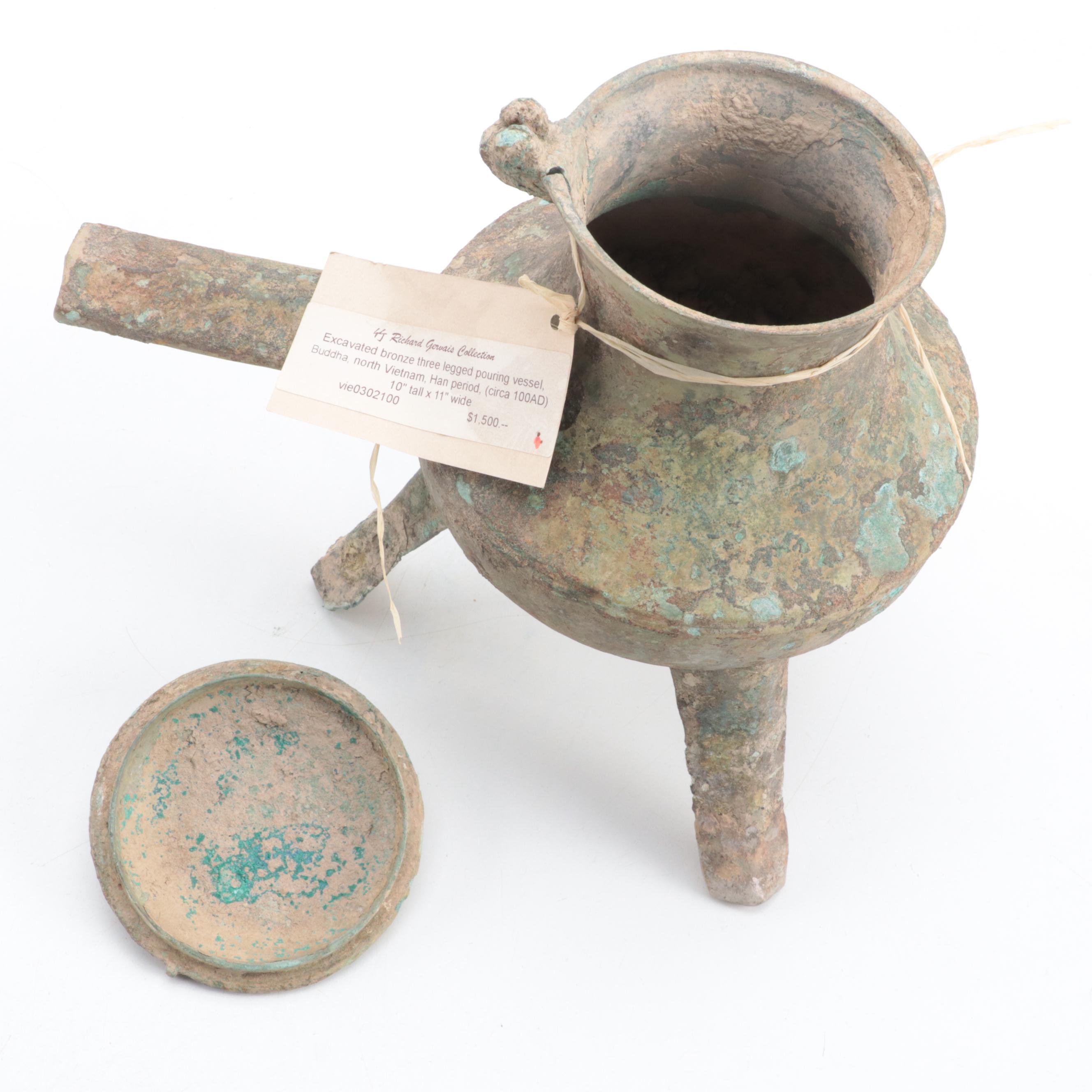 Vietnamese Han Dynasty Bronze Handled Tripod Cooking Vessel