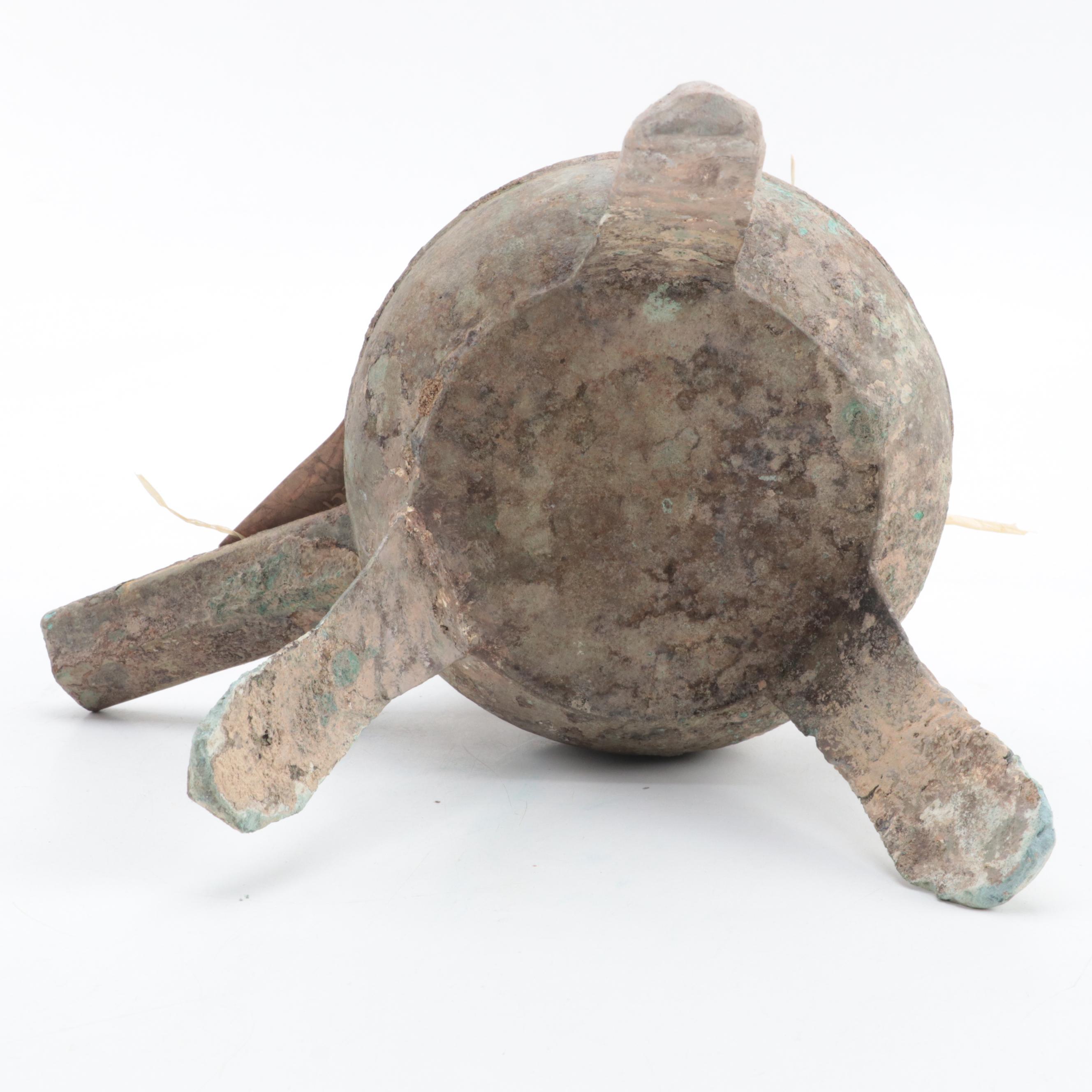 Vietnamese Han Dynasty Bronze Handled Tripod Cooking Vessel