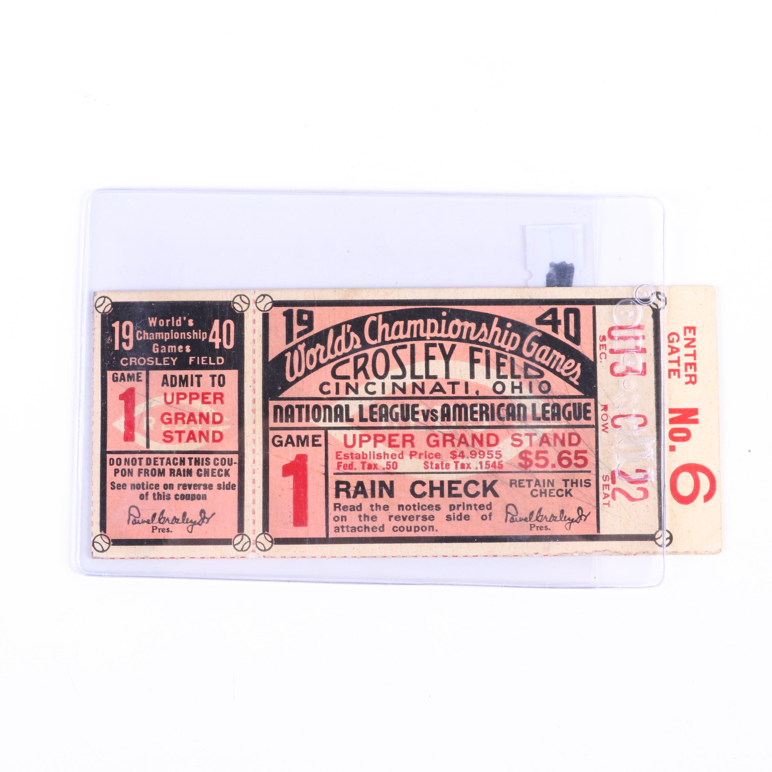 1940 MLB World Series Cincinnati Reds vs. Detroit Tigers Game 1 Ticket