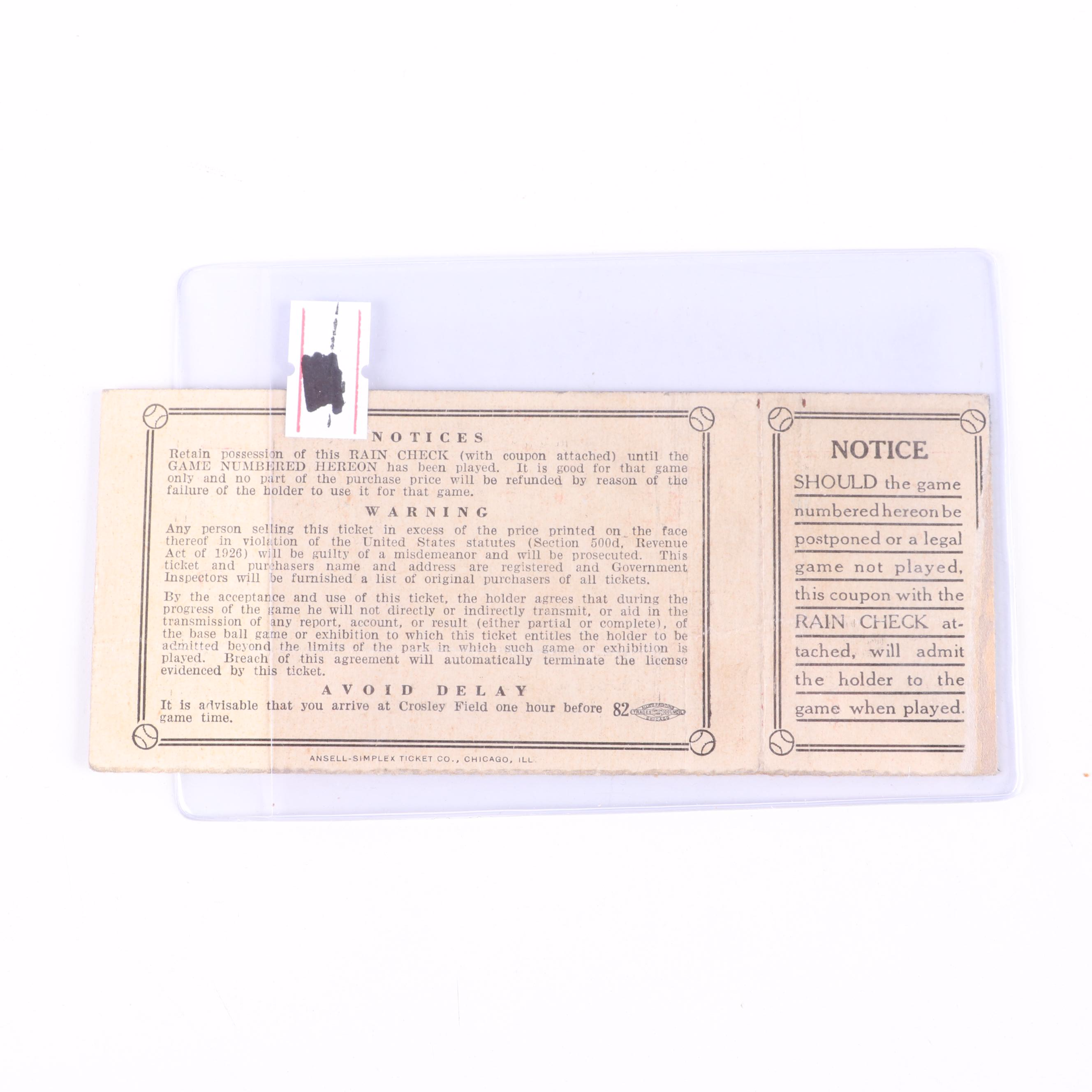 1940 MLB World Series Cincinnati Reds vs. Detroit Tigers Game 1 Ticket