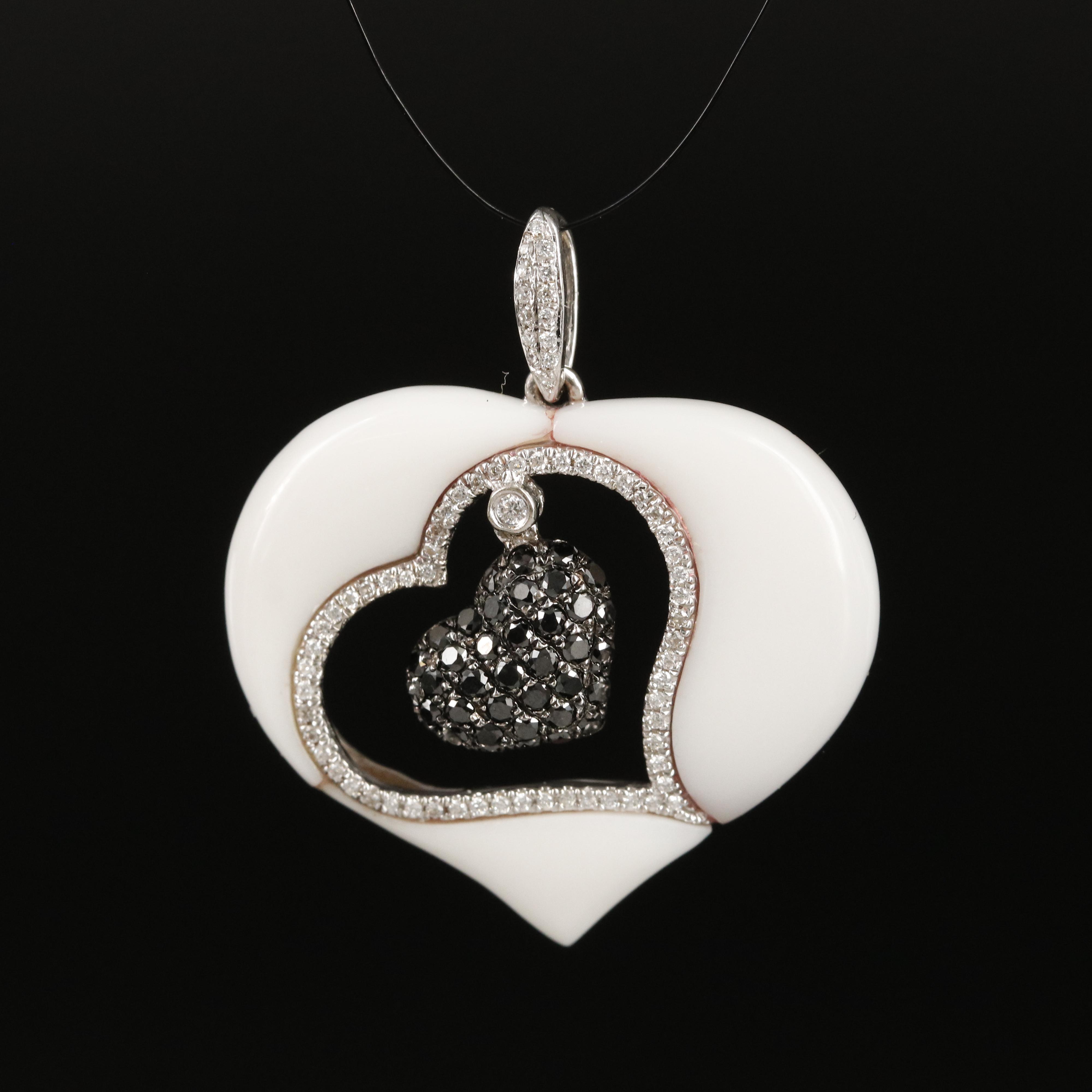 14K White Agate and Diamond Heart Pendant