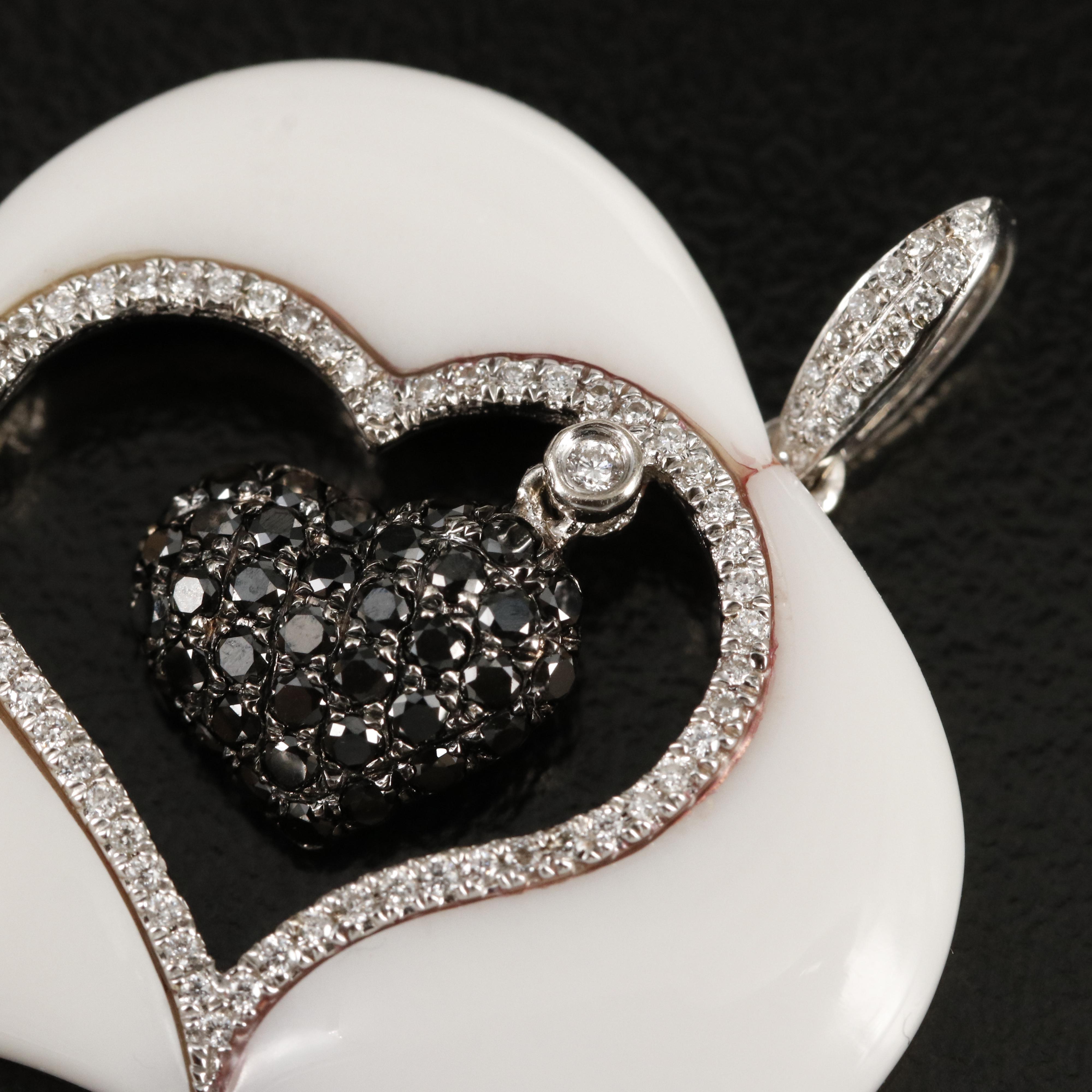 14K White Agate and Diamond Heart Pendant