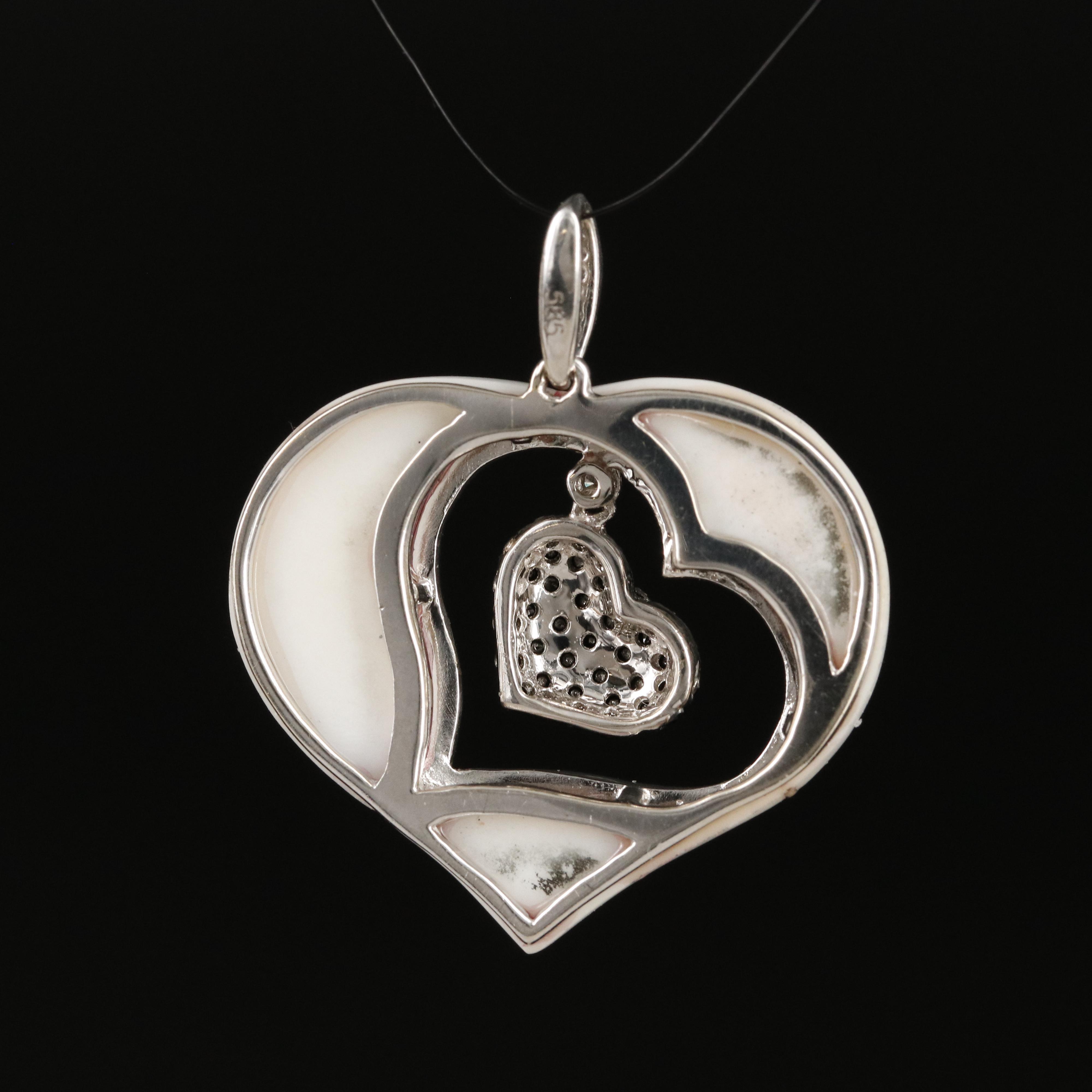 14K White Agate and Diamond Heart Pendant