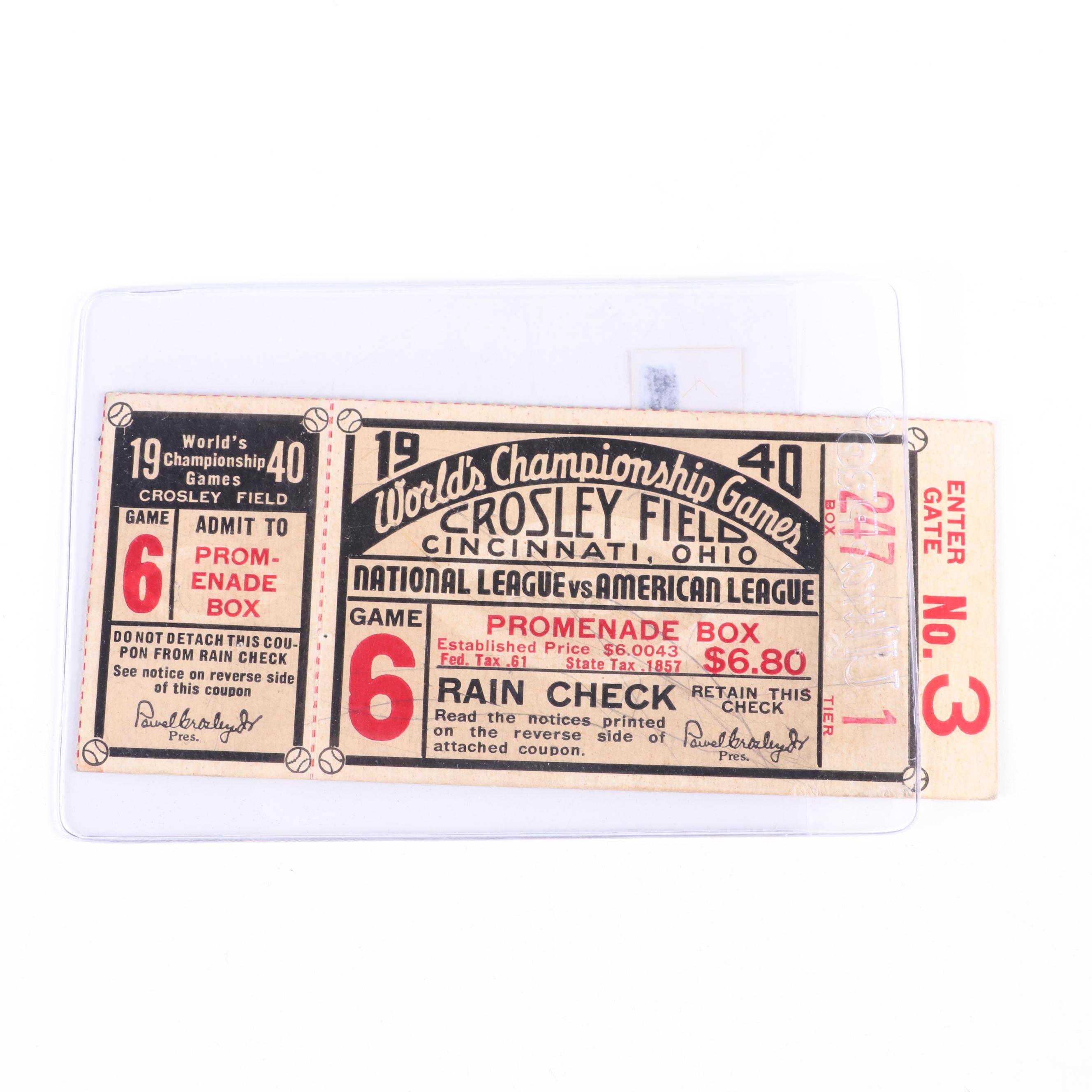 1940 MLB World Series Cincinnati Reds vs. Detroit Tigers Game 6 Ticket