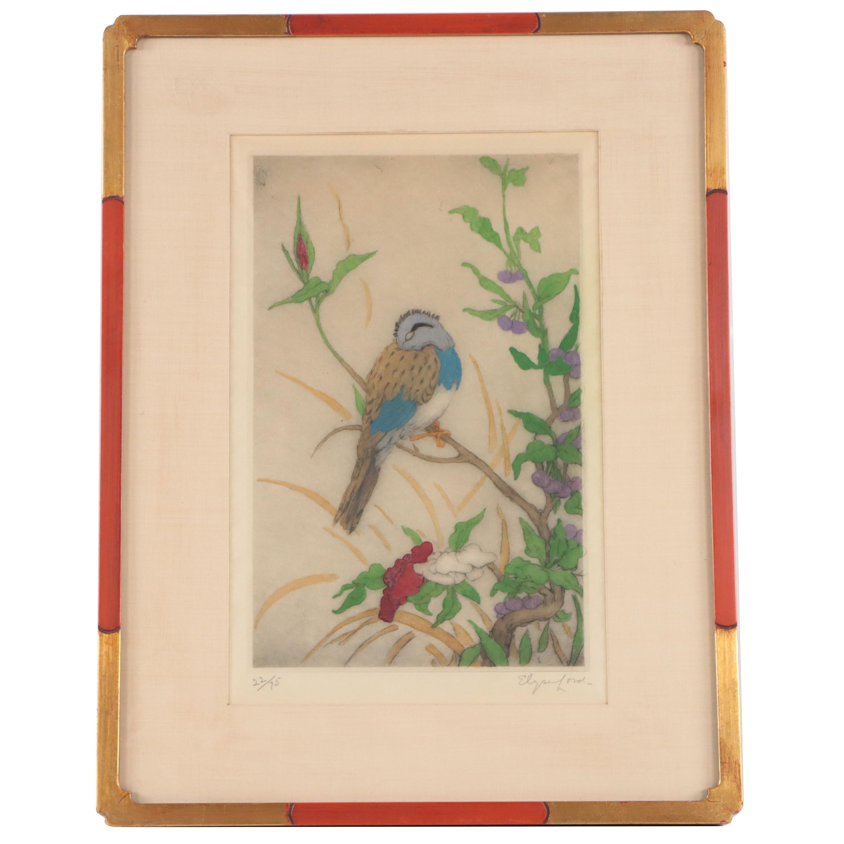 Elyse Lord Hand-Colored Etching with Drypoint of Bird